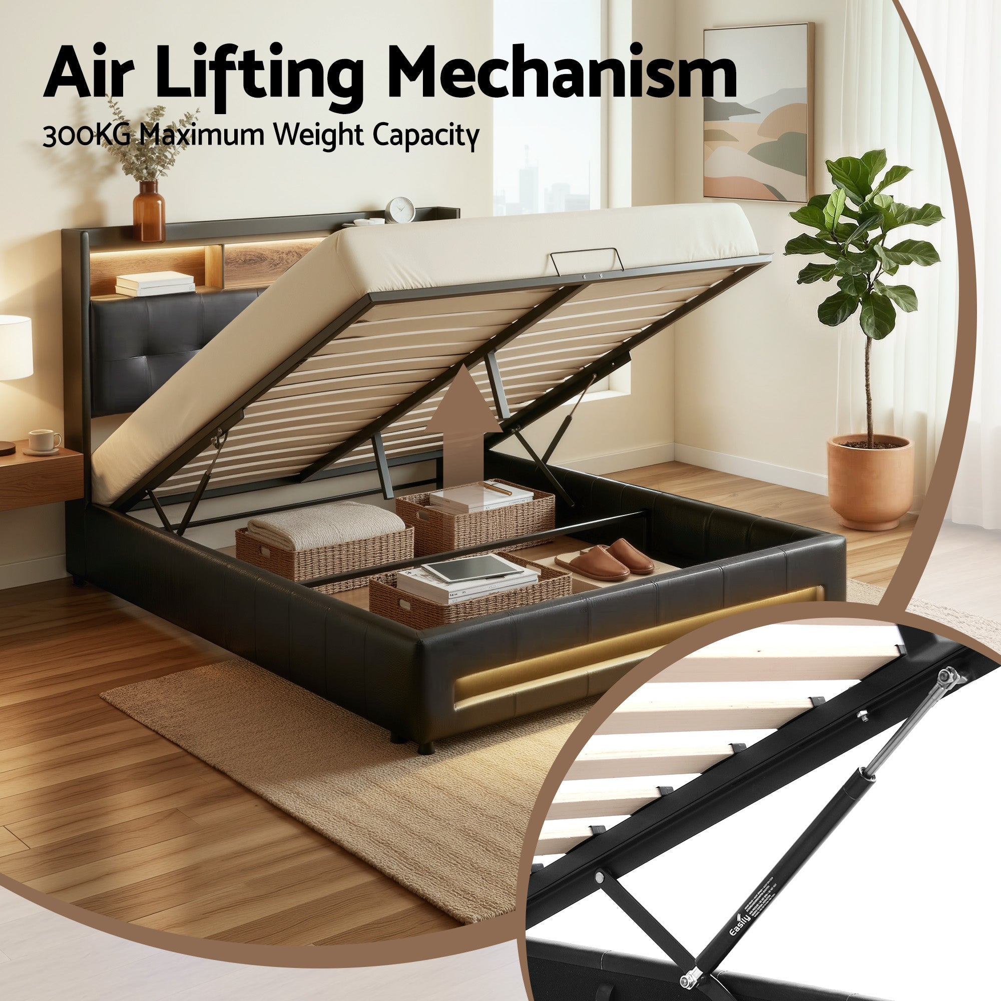 Double Bed Frame with Gas Lift Storage LED Lights Charging Station Headboard with Open Shelf - Furniture > Bedroom > Beds & Bed Frames - Rivercity House & Home Co. (ABN 18 642 972 209) - Affordable Modern Furniture Australia