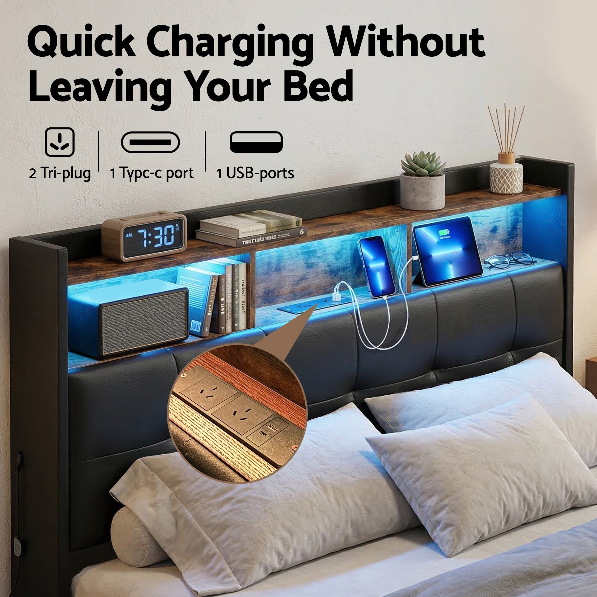 Double Bed Frame with Gas Lift Storage LED Lights Charging Station Headboard with Open Shelf - Furniture > Bedroom > Beds & Bed Frames - Rivercity House & Home Co. (ABN 18 642 972 209) - Affordable Modern Furniture Australia