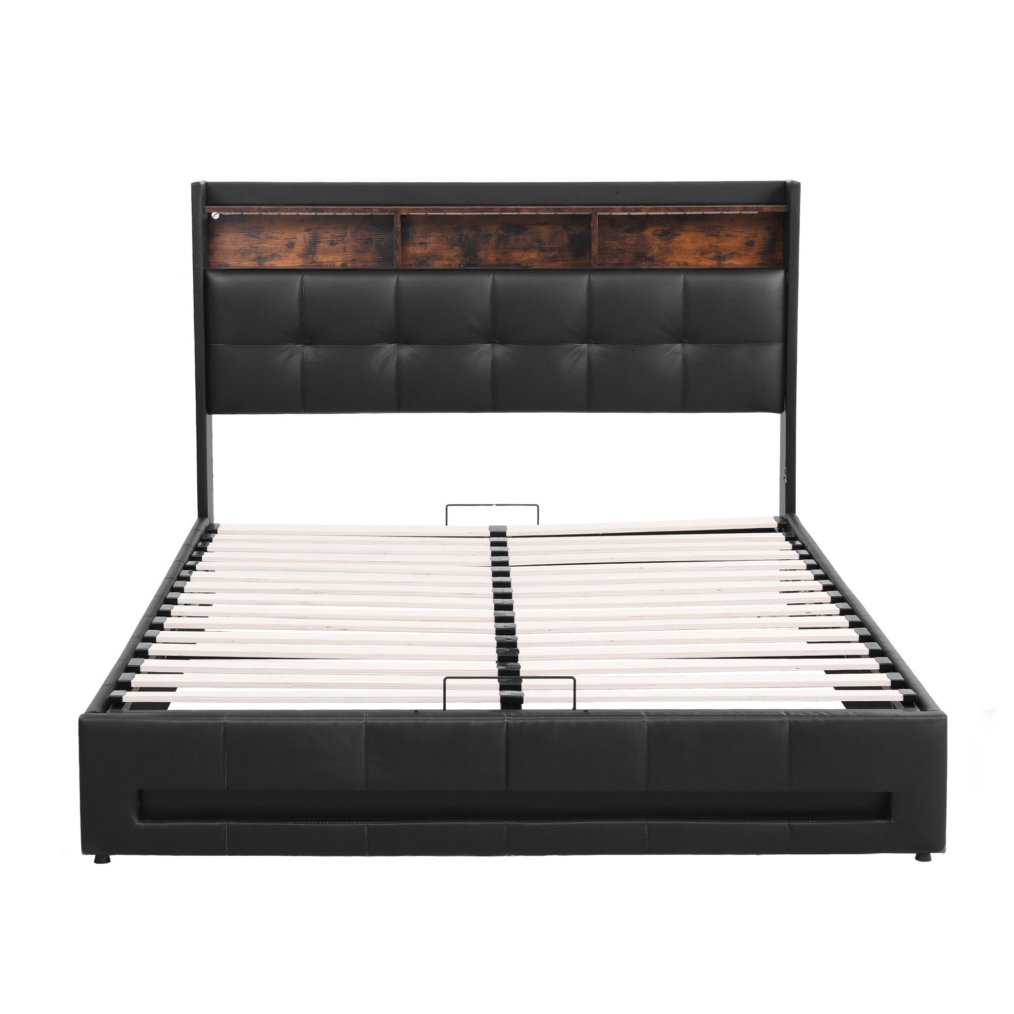 Double Bed Frame with Gas Lift Storage LED Lights Charging Station Headboard with Open Shelf - Furniture > Bedroom > Beds & Bed Frames - Rivercity House & Home Co. (ABN 18 642 972 209) - Affordable Modern Furniture Australia