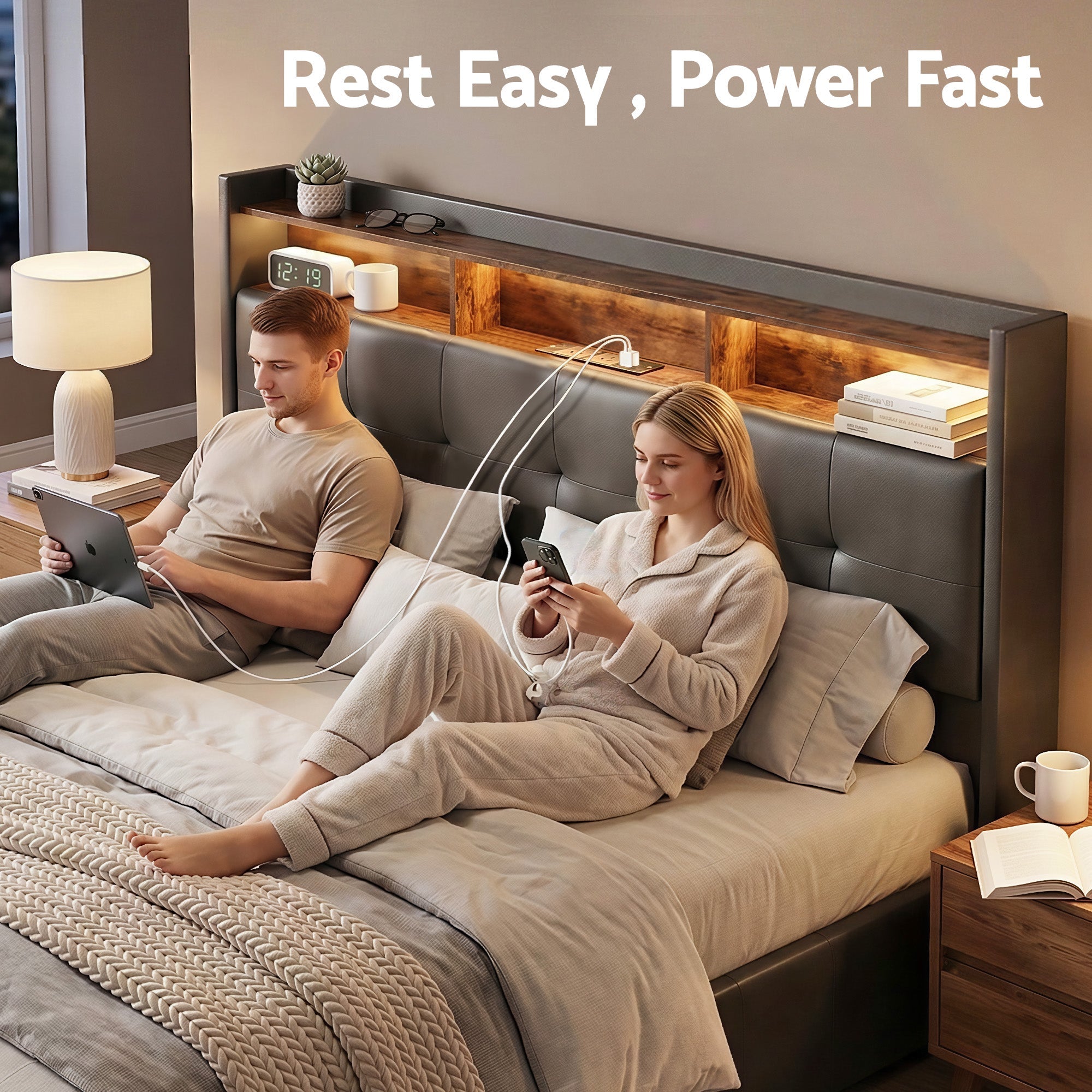 Double Bed Frame with Gas Lift Storage LED Lights Charging Station Headboard with Open Shelf - Furniture > Bedroom > Beds & Bed Frames - Rivercity House & Home Co. (ABN 18 642 972 209) - Affordable Modern Furniture Australia