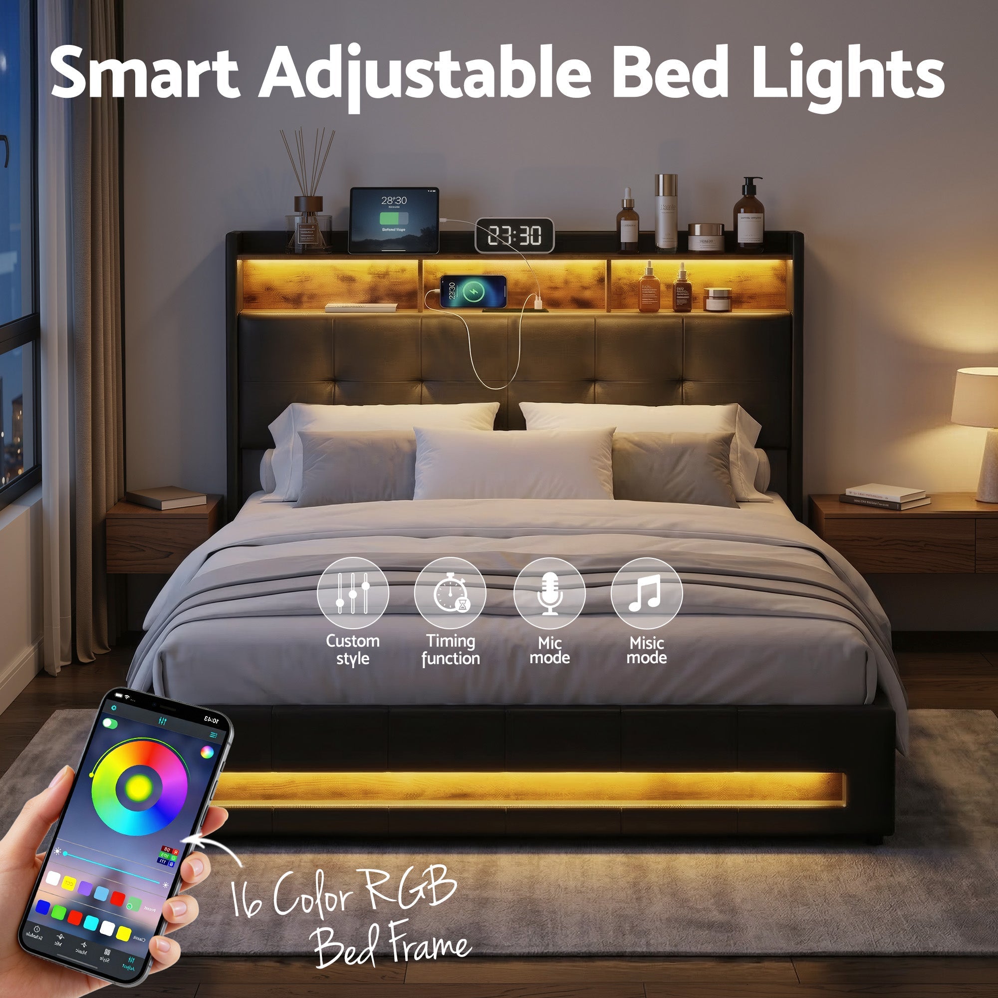 Double Bed Frame with Gas Lift Storage LED Lights Charging Station Headboard with Open Shelf - Furniture > Bedroom > Beds & Bed Frames - Rivercity House & Home Co. (ABN 18 642 972 209) - Affordable Modern Furniture Australia
