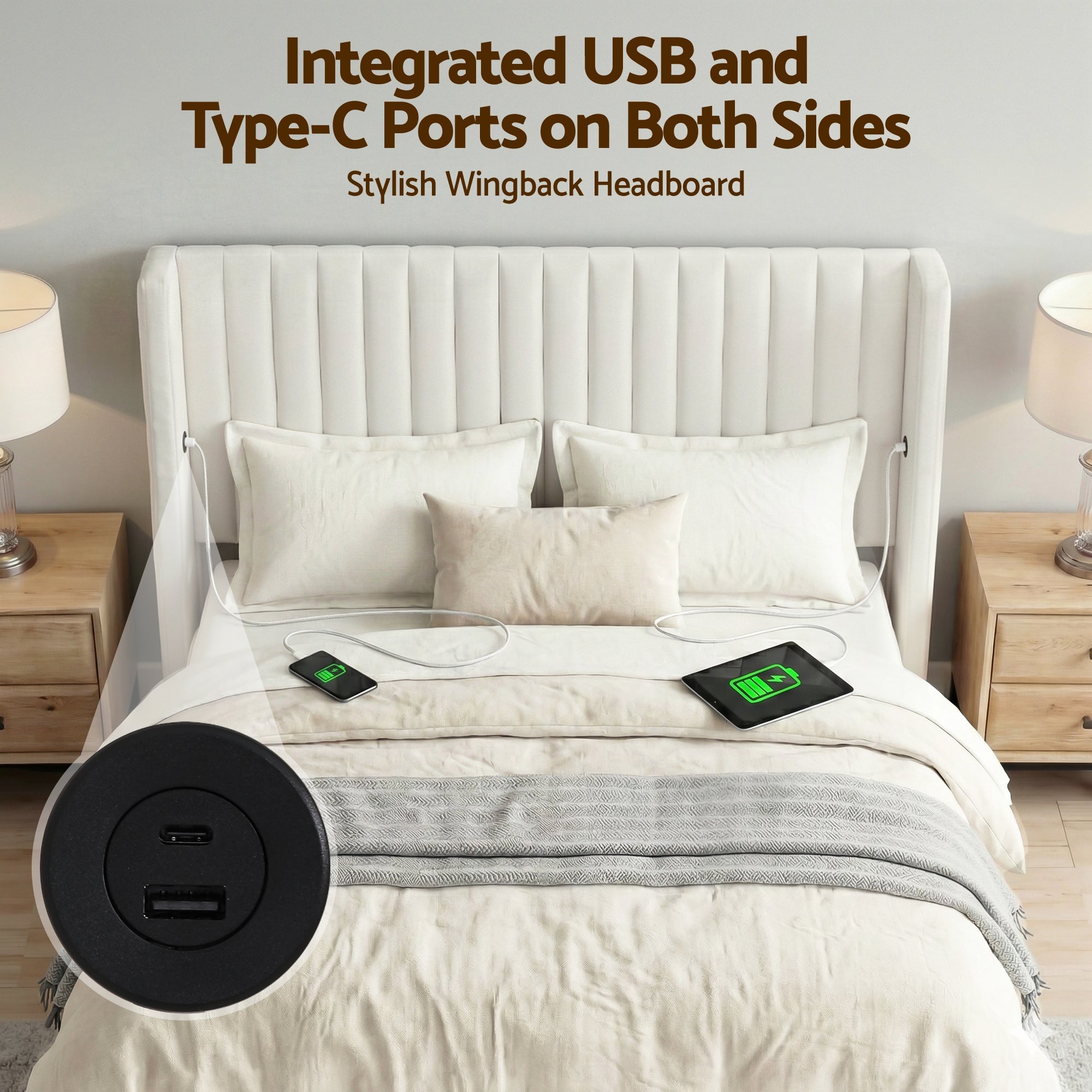 Double Bed Frame with Gaslift Storage USB Type - C Charging Ports Velvet Upholstery White - Furniture > Bedroom > Beds & Bed Frames - Rivercity House & Home Co. (ABN 18 642 972 209) - Affordable Modern Furniture Australia