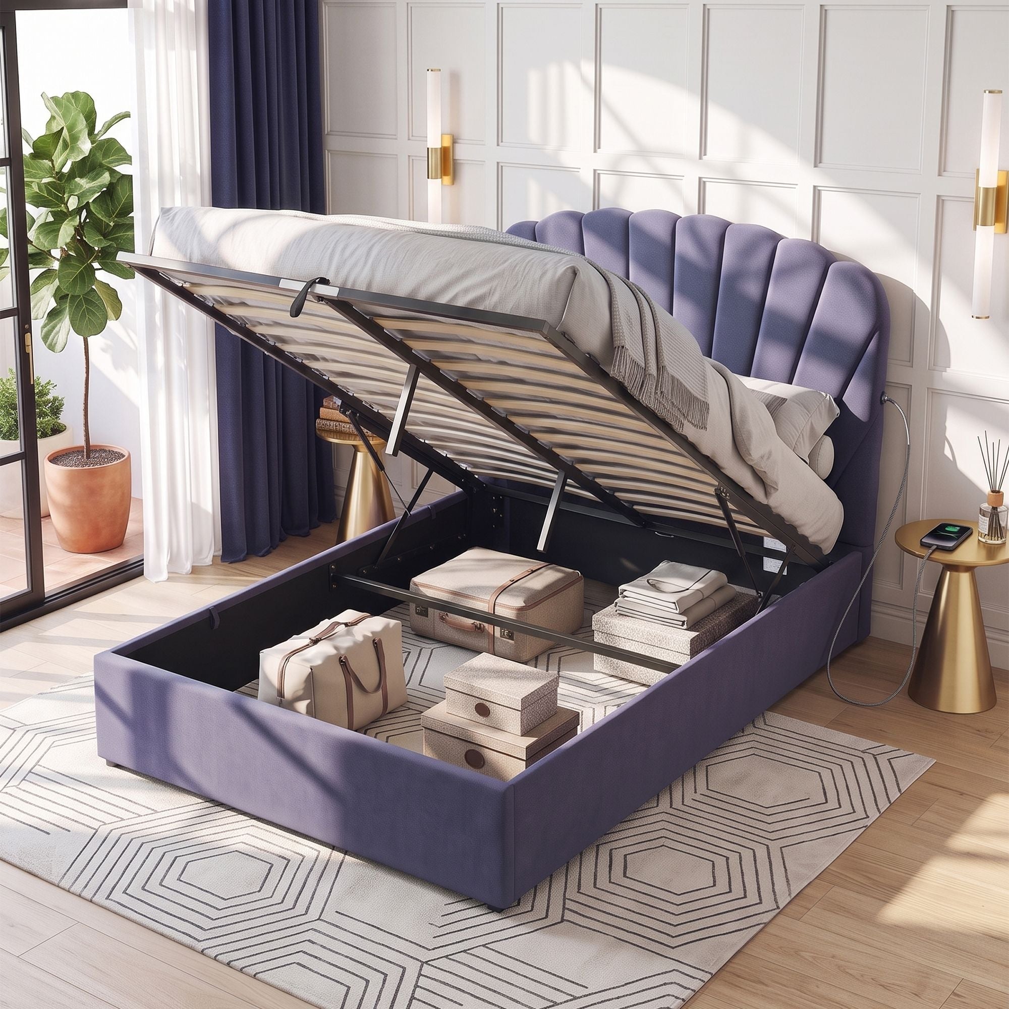 Double Bed Frame with Hydraulic Lift Storage and USB Ports - Grey - Furniture > Bedroom > Beds & Bed Frames - Rivercity House & Home Co. (ABN 18 642 972 209) - Affordable Modern Furniture Australia