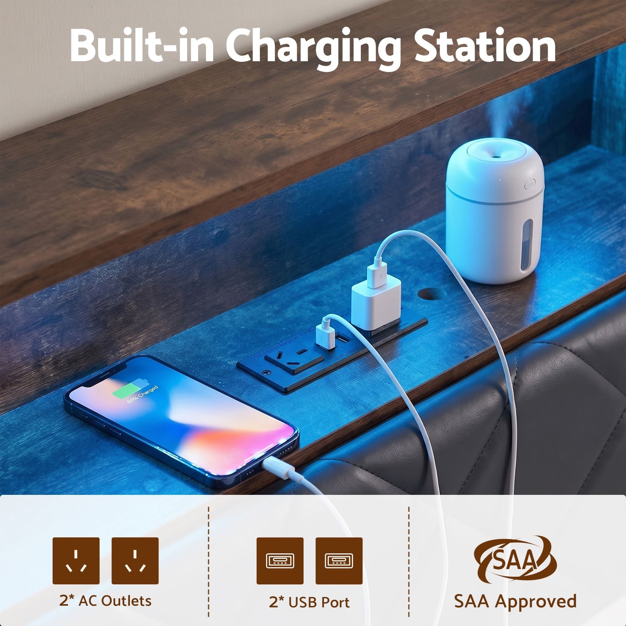 Double Bed Frame with LED Lights Storage Headboard 2 USB 2 AC Outlets Charging Station - Furniture > Bedroom > Beds & Bed Frames - Rivercity House & Home Co. (ABN 18 642 972 209) - Affordable Modern Furniture Australia