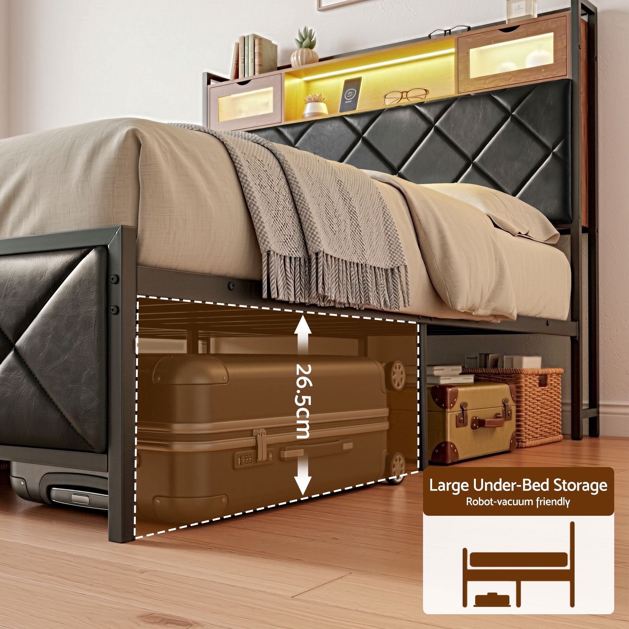 Double Bed Frame with LED Lights Storage Headboard 2 USB 2 AC Outlets Charging Station - Furniture > Bedroom > Beds & Bed Frames - Rivercity House & Home Co. (ABN 18 642 972 209) - Affordable Modern Furniture Australia