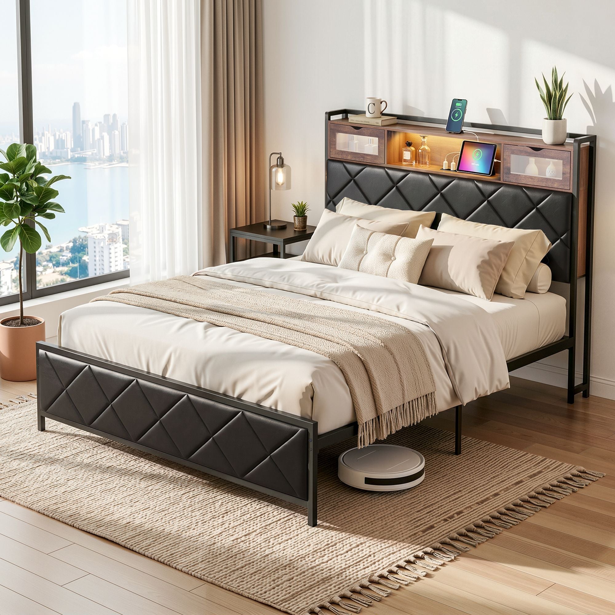 Double Bed Frame with LED Lights Storage Headboard 2 USB 2 AC Outlets Charging Station - Furniture > Bedroom > Beds & Bed Frames - Rivercity House & Home Co. (ABN 18 642 972 209) - Affordable Modern Furniture Australia