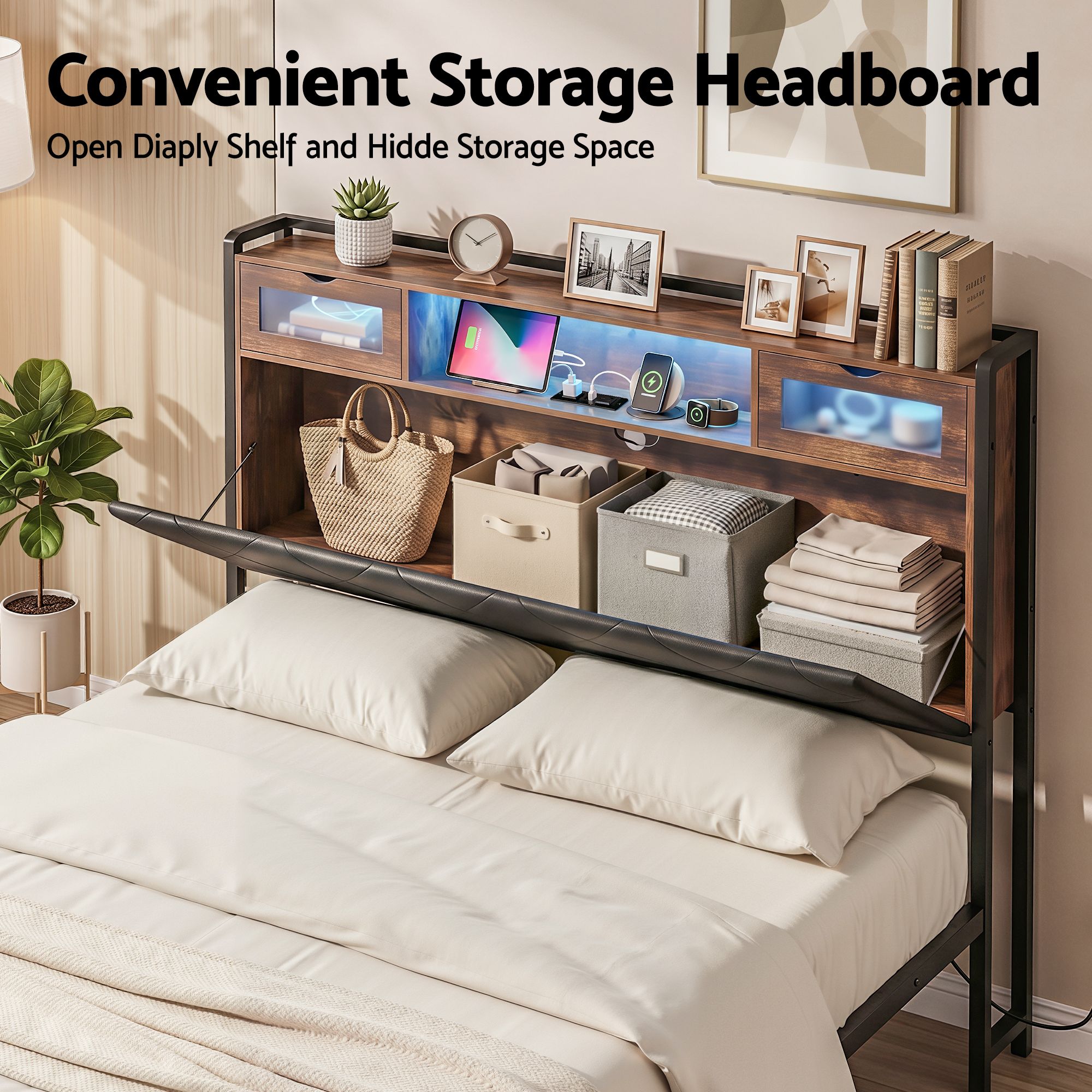 Double Bed Frame with LED Lights Storage Headboard 2 USB 2 AC Outlets Charging Station - Furniture > Bedroom > Beds & Bed Frames - Rivercity House & Home Co. (ABN 18 642 972 209) - Affordable Modern Furniture Australia