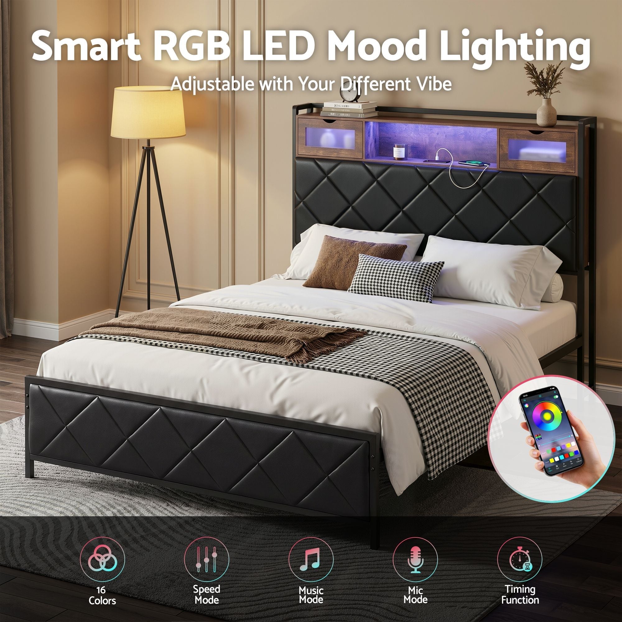 Double Bed Frame with LED Lights Storage Headboard 2 USB 2 AC Outlets Charging Station - Furniture > Bedroom > Beds & Bed Frames - Rivercity House & Home Co. (ABN 18 642 972 209) - Affordable Modern Furniture Australia