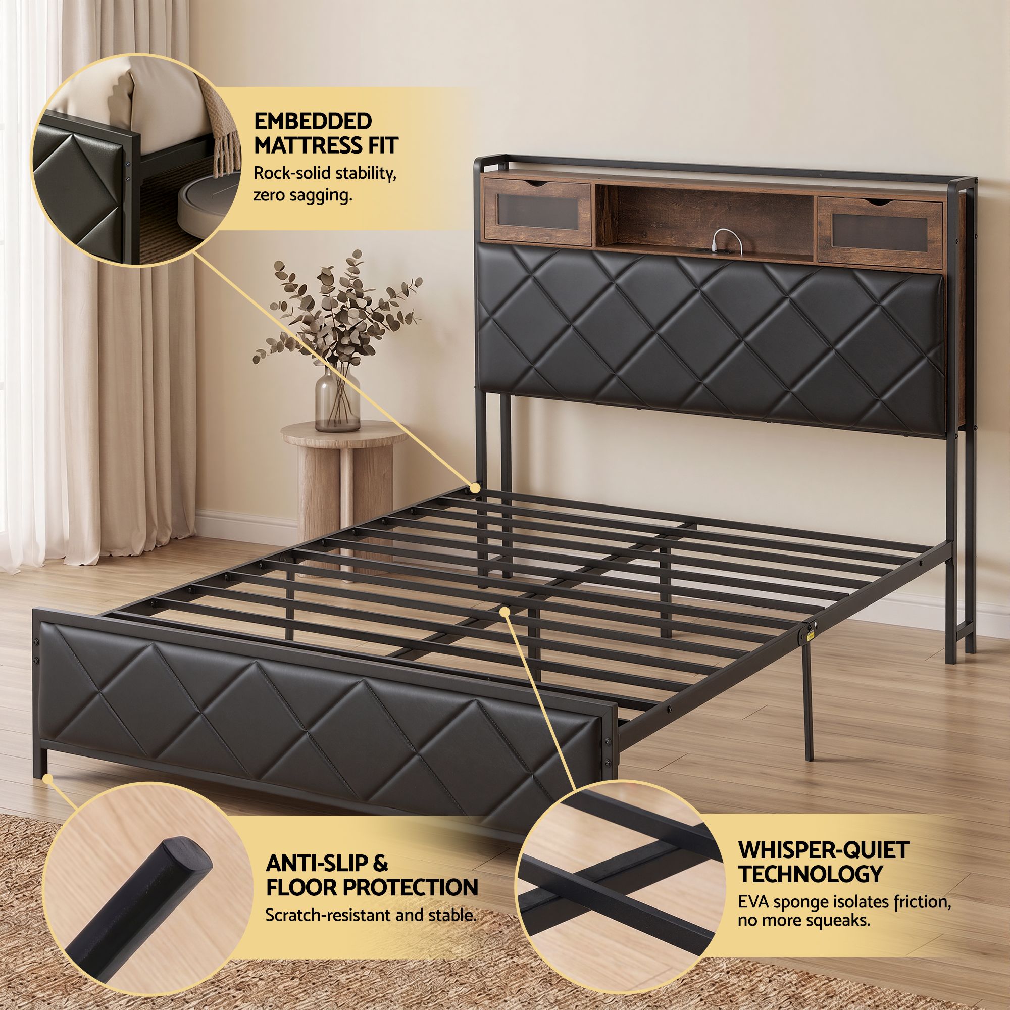 Double Bed Frame with LED Lights Storage Headboard 2 USB 2 AC Outlets Charging Station - Furniture > Bedroom > Beds & Bed Frames - Rivercity House & Home Co. (ABN 18 642 972 209) - Affordable Modern Furniture Australia