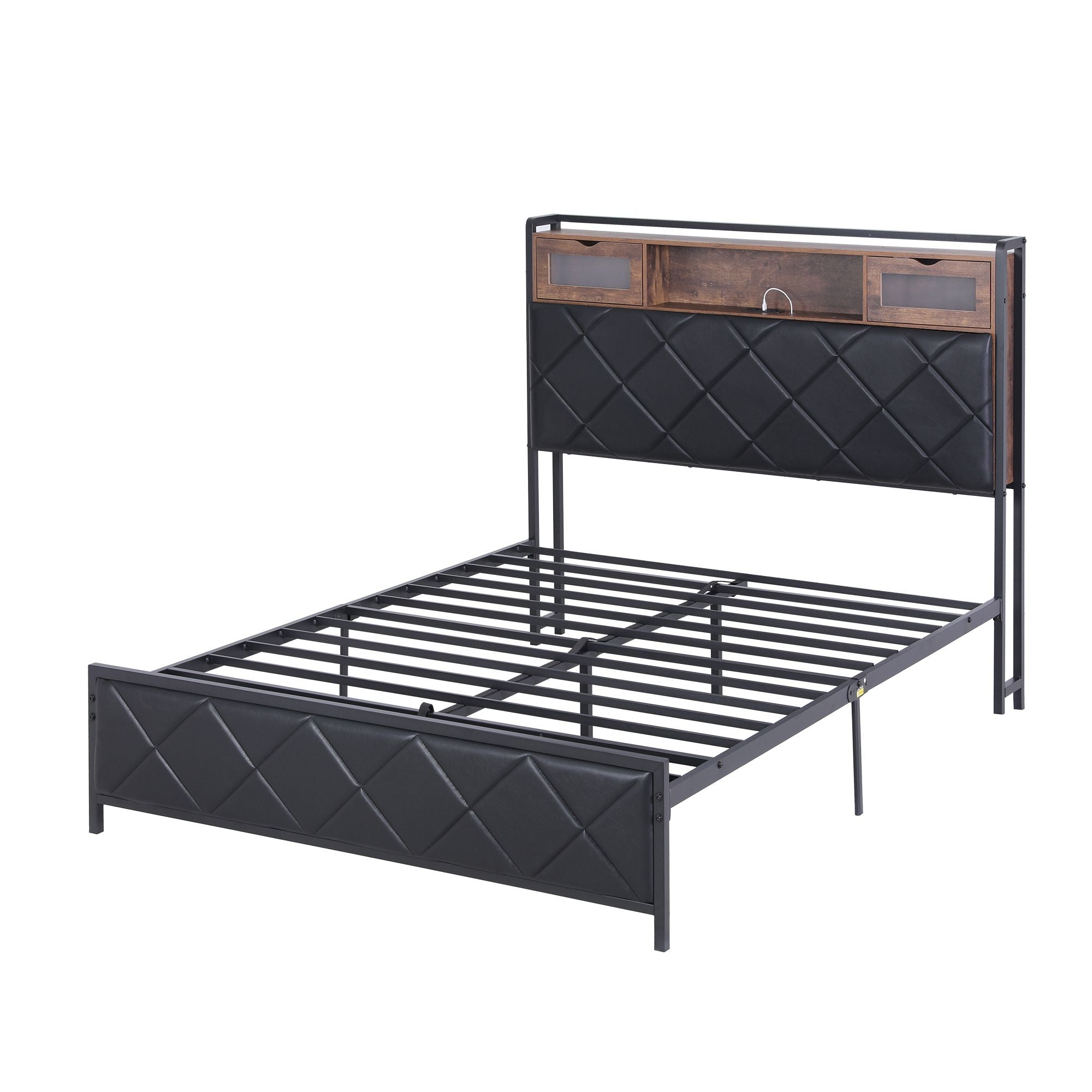 Double Bed Frame with LED Lights Storage Headboard 2 USB 2 AC Outlets Charging Station - Furniture > Bedroom > Beds & Bed Frames - Rivercity House & Home Co. (ABN 18 642 972 209) - Affordable Modern Furniture Australia