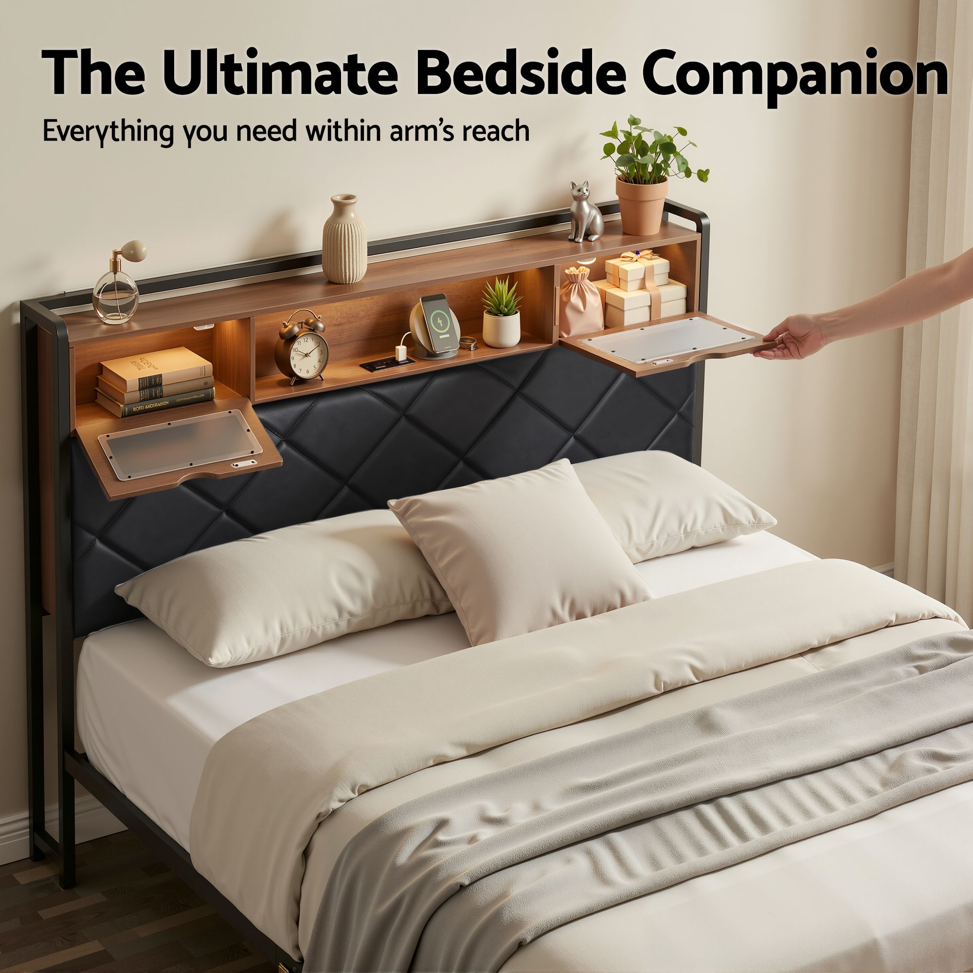 Double Bed Frame with LED Lights Storage Headboard 2 USB 2 AC Outlets Charging Station - Furniture > Bedroom > Beds & Bed Frames - Rivercity House & Home Co. (ABN 18 642 972 209) - Affordable Modern Furniture Australia