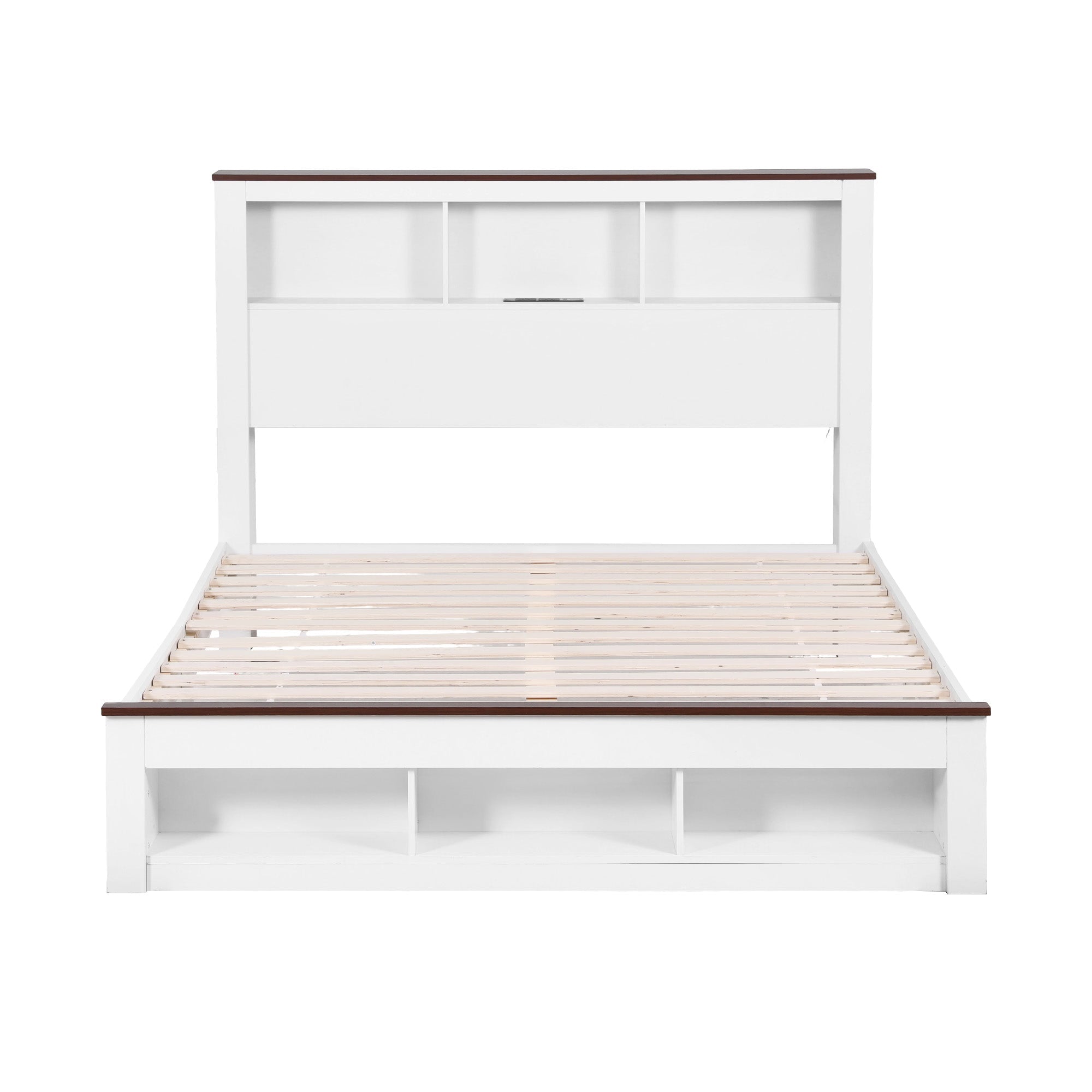 Double Bed Frame with Storage Bookcase Headboard and Footboard White Wooden Platform Bed with Charging Station and Led Light Bedroom Furniture - Furniture > Living Room > TV Units - Rivercity House & Home Co. (ABN 18 642 972 209) - Affordable Modern Furniture Australia