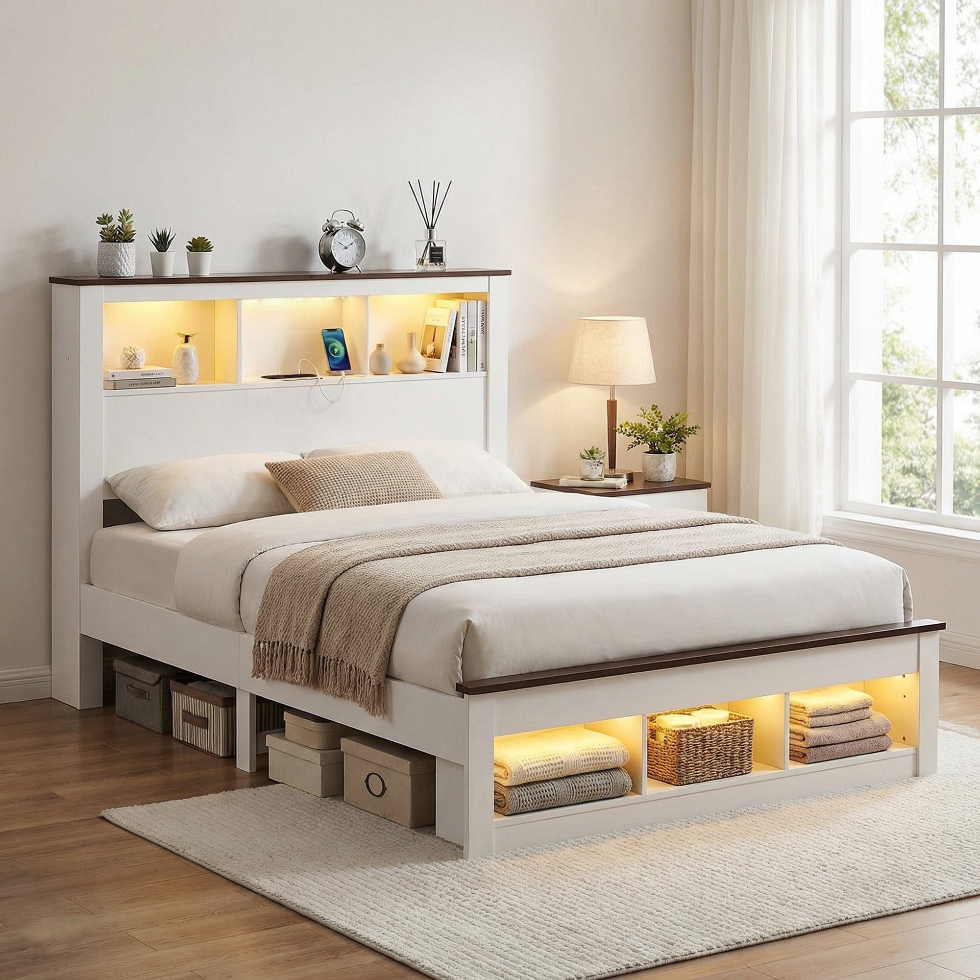 Double Bed Frame with Storage Bookcase Headboard and Footboard White Wooden Platform Bed with Charging Station and Led Light Bedroom Furniture - Furniture > Living Room > TV Units - Rivercity House & Home Co. (ABN 18 642 972 209) - Affordable Modern Furniture Australia