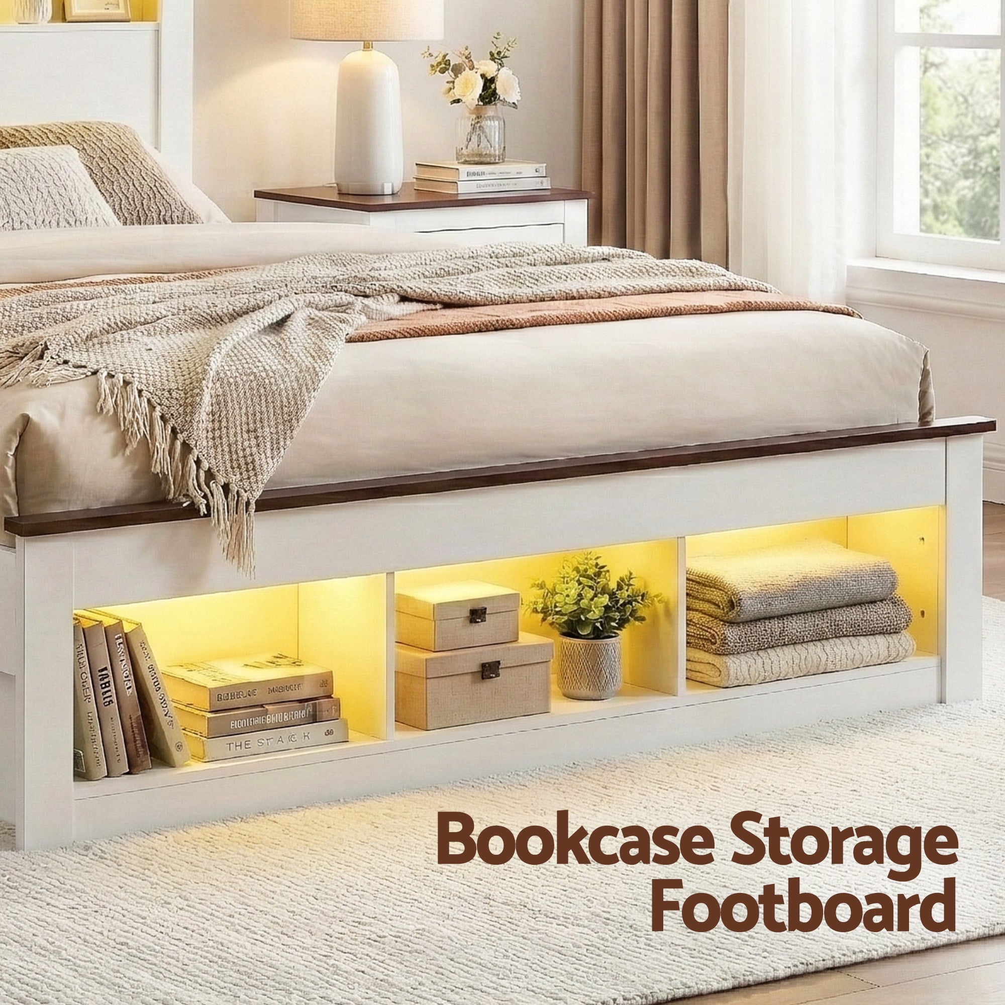 Double Bed Frame with Storage Bookcase Headboard and Footboard White Wooden Platform Bed with Charging Station and Led Light Bedroom Furniture - Furniture > Living Room > TV Units - Rivercity House & Home Co. (ABN 18 642 972 209) - Affordable Modern Furniture Australia