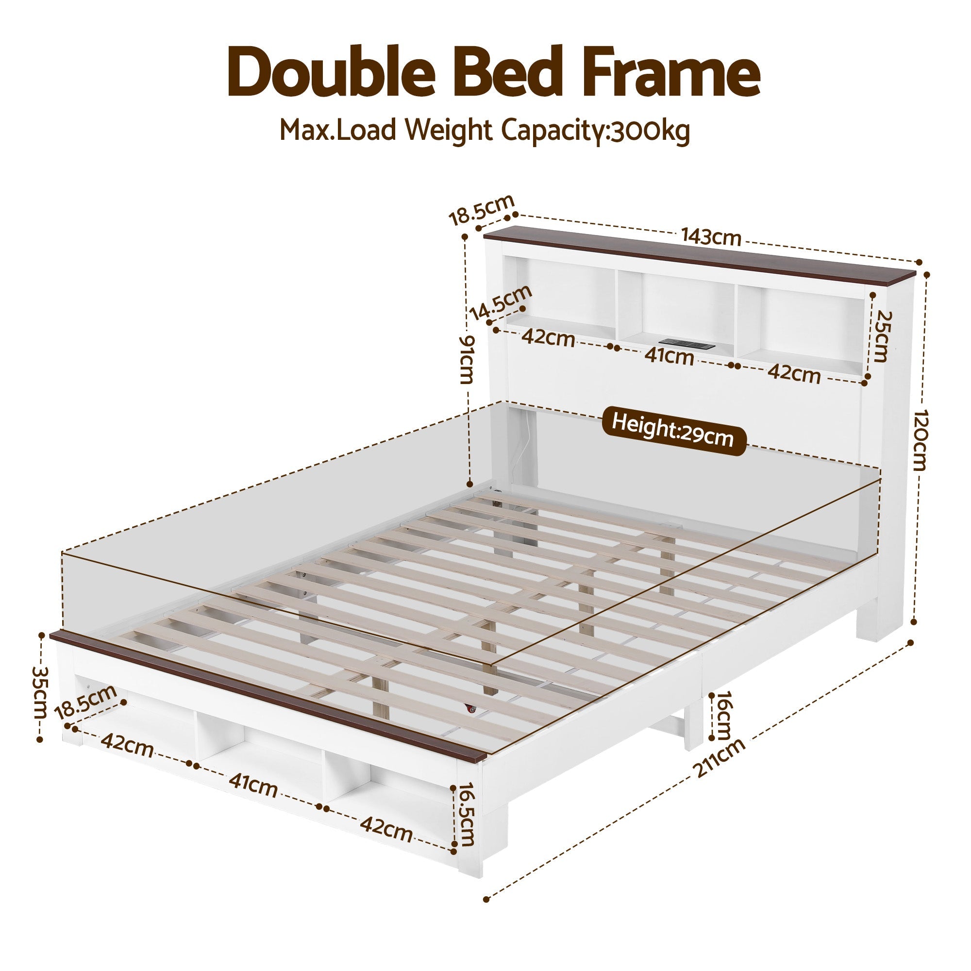 Double Bed Frame with Storage Bookcase Headboard and Footboard White Wooden Platform Bed with Charging Station and Led Light Bedroom Furniture - Furniture > Living Room > TV Units - Rivercity House & Home Co. (ABN 18 642 972 209) - Affordable Modern Furniture Australia