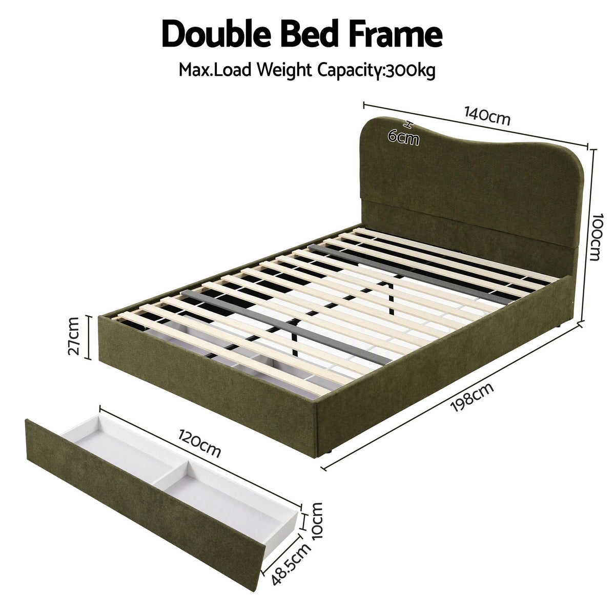 Double Bed Frame with Storage Drawer and Chenille Curved Headboard - Furniture > Bedroom > Beds & Bed Frames - Rivercity House & Home Co. (ABN 18 642 972 209) - Affordable Modern Furniture Australia