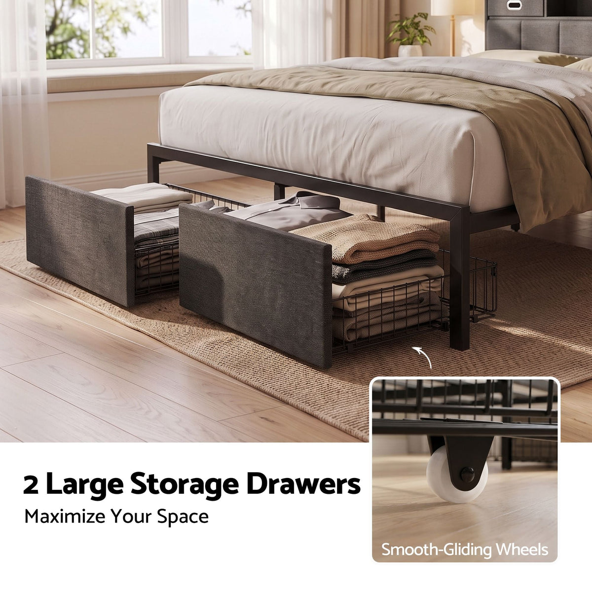 Double Bed Frame with Storage Drawers, Headboard, USB Charging & RGB LED Light - Furniture > Bedroom > Beds & Bed Frames - Rivercity House & Home Co. (ABN 18 642 972 209) - Affordable Modern Furniture Australia