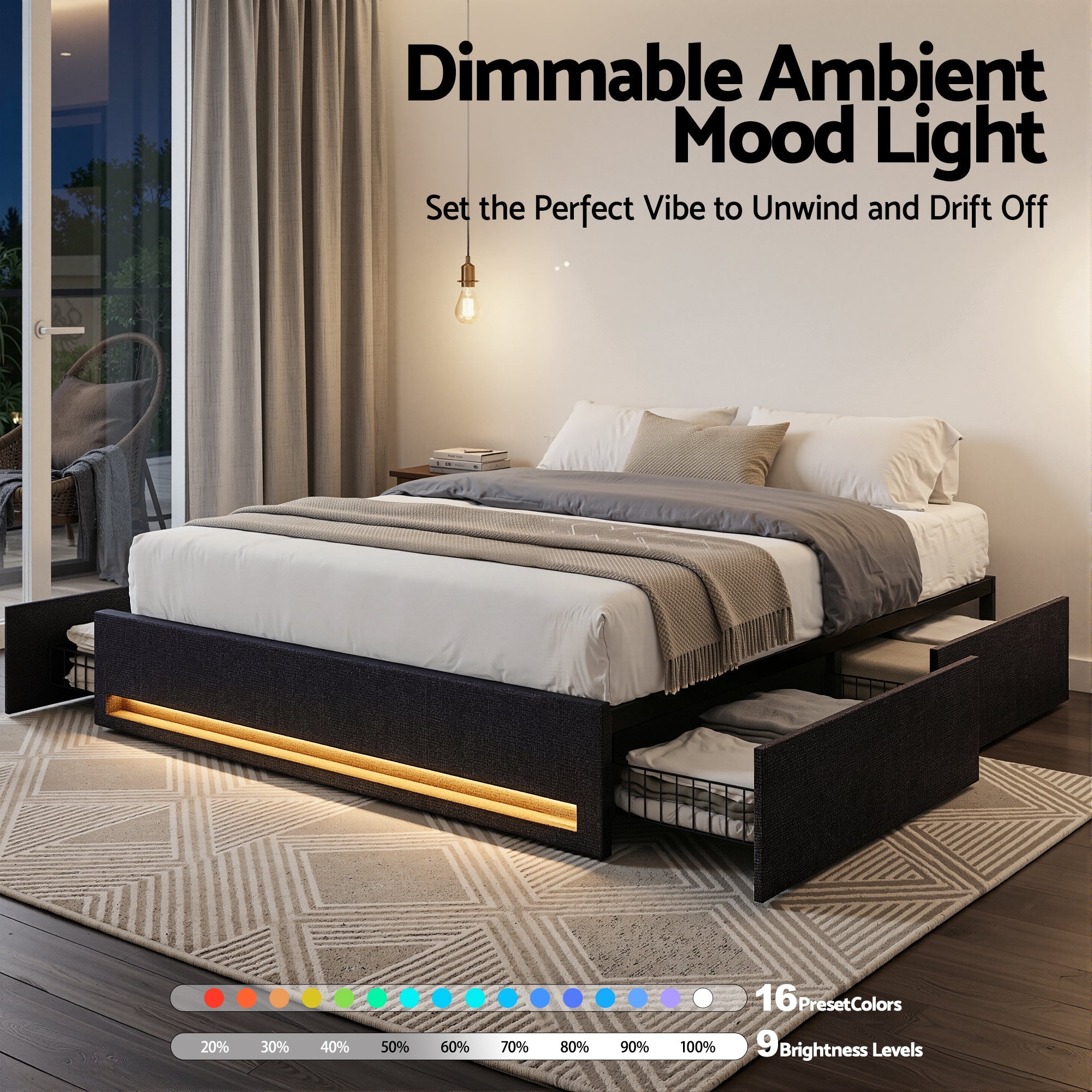 Double Bed Frame with Storage Drawers RGB Lights Charging Station Upholstered Fabric - Furniture > Bedroom > Beds & Bed Frames - Rivercity House & Home Co. (ABN 18 642 972 209) - Affordable Modern Furniture Australia