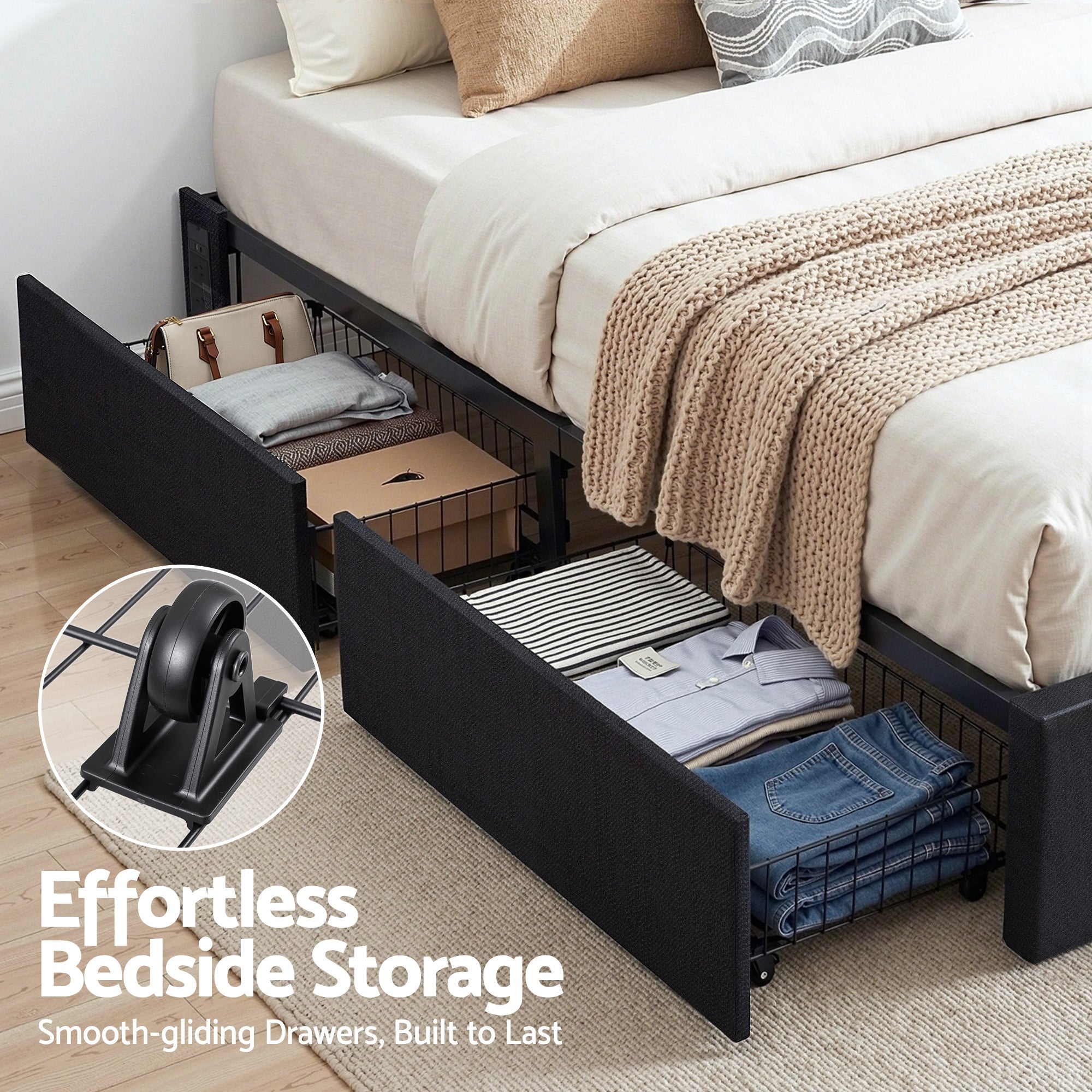 Double Bed Frame with Storage Drawers RGB Lights Charging Station Upholstered Fabric - Furniture > Bedroom > Beds & Bed Frames - Rivercity House & Home Co. (ABN 18 642 972 209) - Affordable Modern Furniture Australia