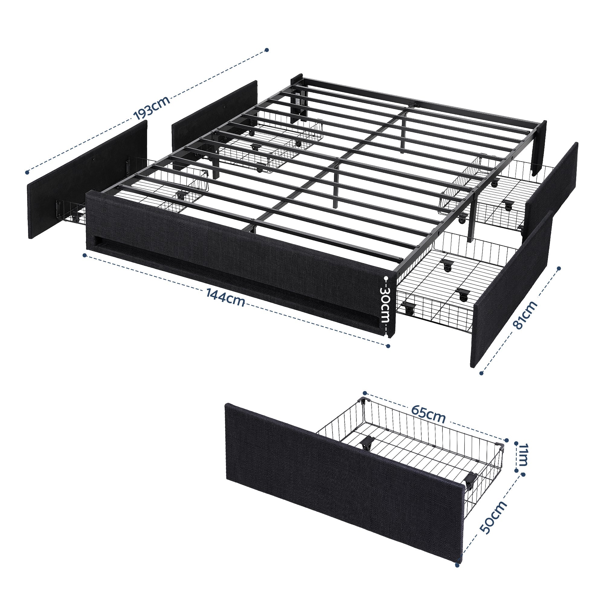 Double Bed Frame with Storage Drawers RGB Lights Charging Station Upholstered Fabric - Furniture > Bedroom > Beds & Bed Frames - Rivercity House & Home Co. (ABN 18 642 972 209) - Affordable Modern Furniture Australia