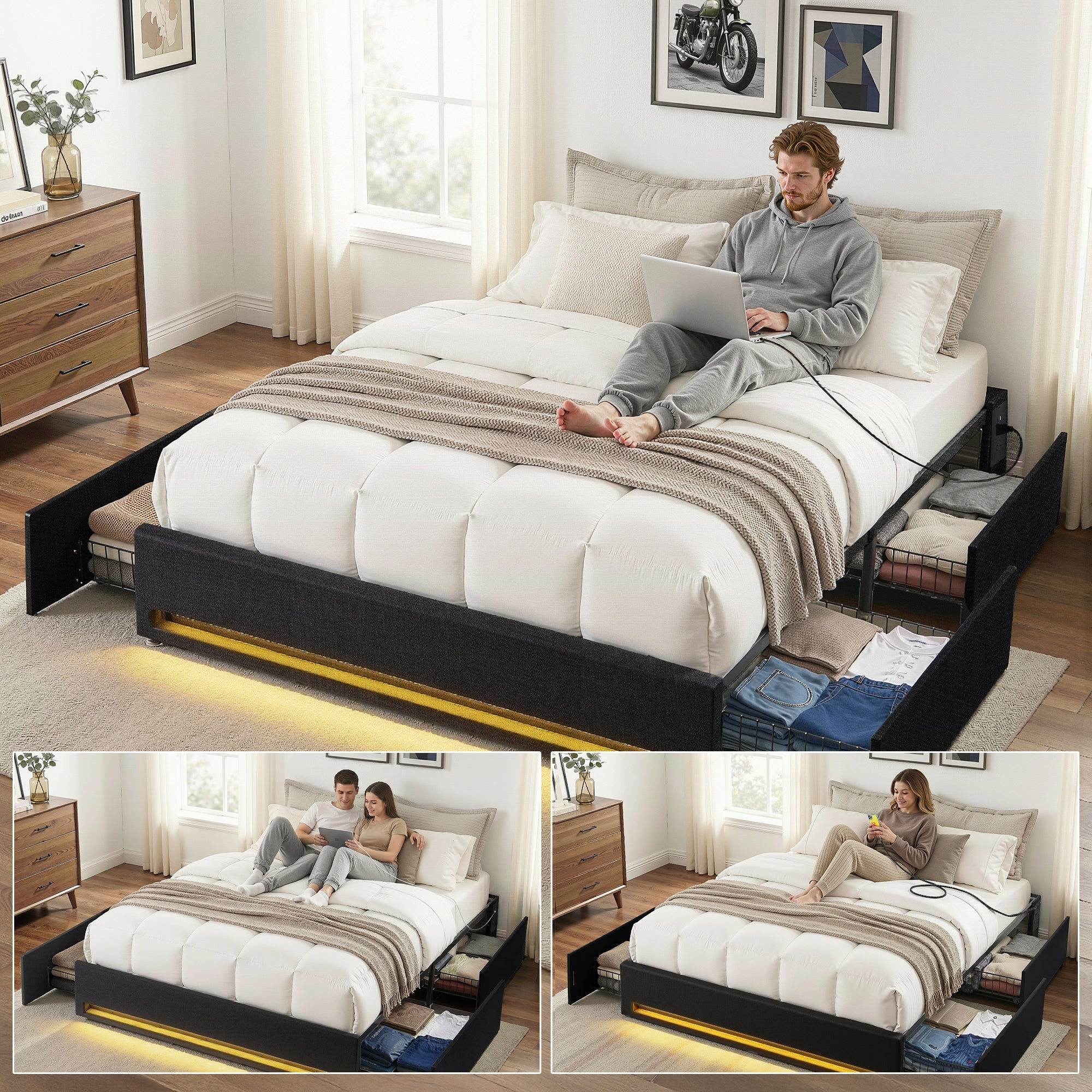 Double Bed Frame with Storage Drawers RGB Lights Charging Station Upholstered Fabric - Furniture > Bedroom > Beds & Bed Frames - Rivercity House & Home Co. (ABN 18 642 972 209) - Affordable Modern Furniture Australia
