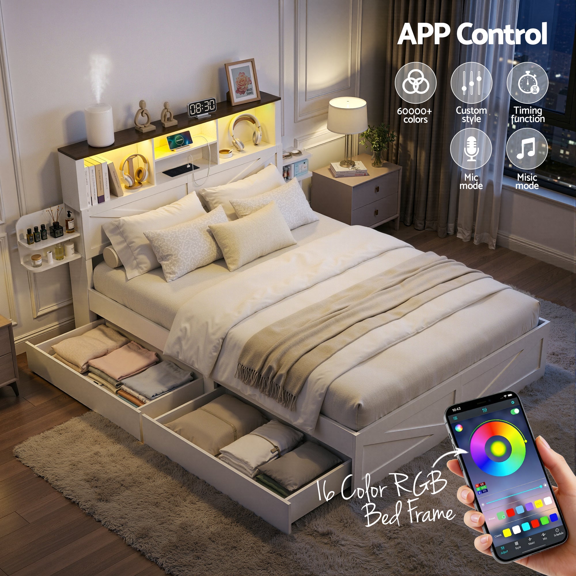 Double Bed Frame with Storage Drawers White Platform Bedframe with Bookcase Headboard Charging Station Led Light - Furniture > Bedroom > Beds & Bed Frames - Rivercity House & Home Co. (ABN 18 642 972 209) - Affordable Modern Furniture Australia