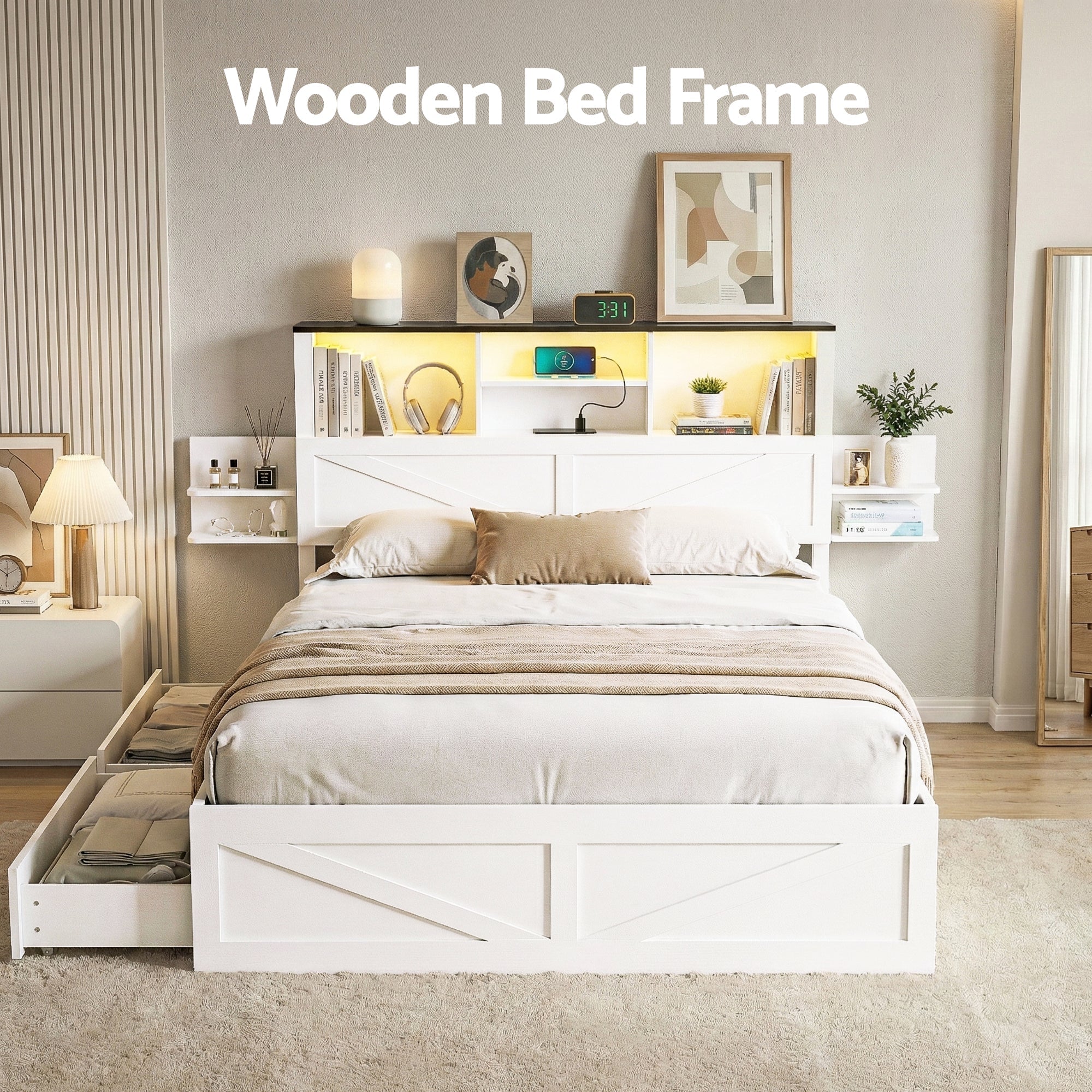 Double Bed Frame with Storage Drawers White Platform Bedframe with Bookcase Headboard Charging Station Led Light - Furniture > Bedroom > Beds & Bed Frames - Rivercity House & Home Co. (ABN 18 642 972 209) - Affordable Modern Furniture Australia