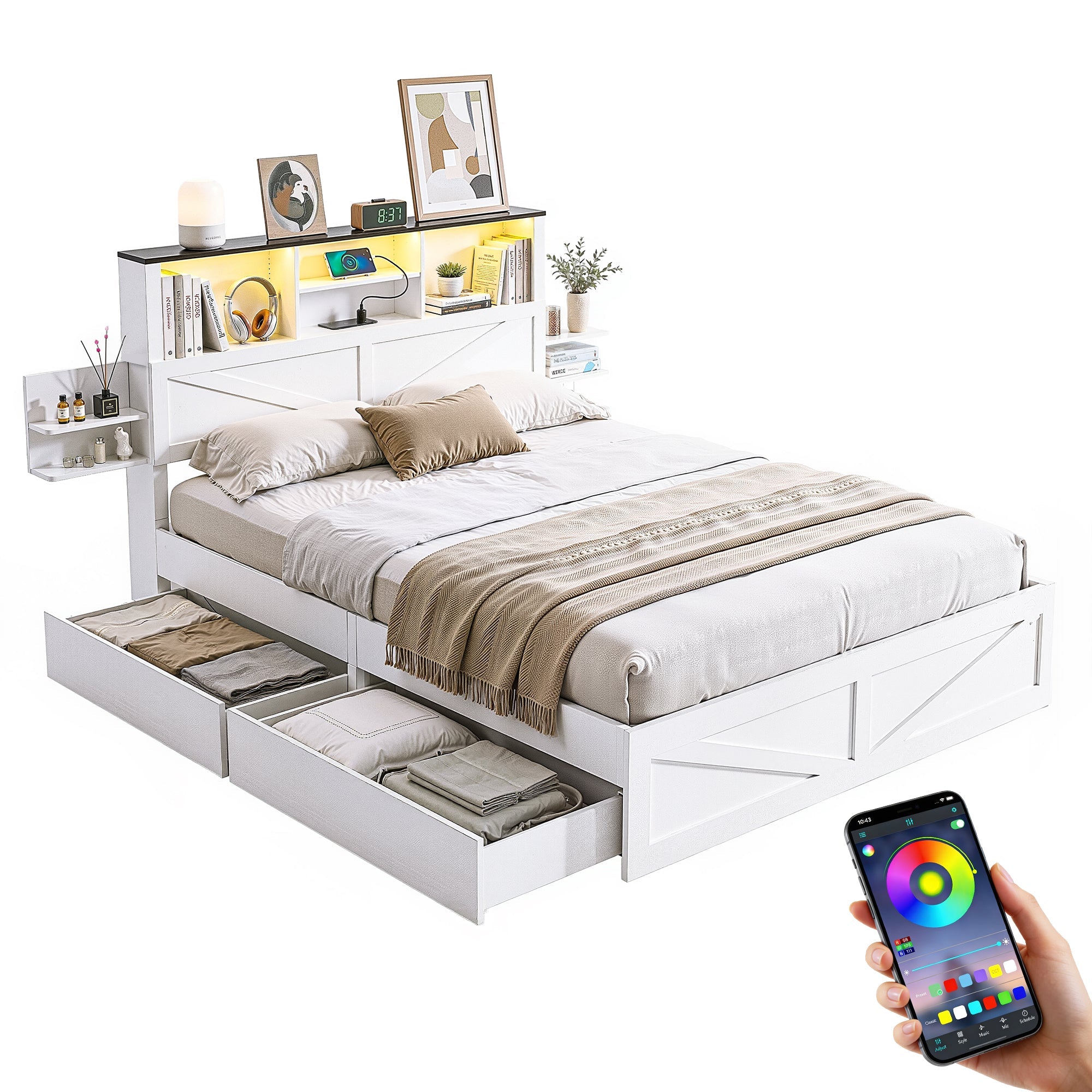 Double Bed Frame with Storage Drawers White Platform Bedframe with Bookcase Headboard Charging Station Led Light - Furniture > Bedroom > Beds & Bed Frames - Rivercity House & Home Co. (ABN 18 642 972 209) - Affordable Modern Furniture Australia