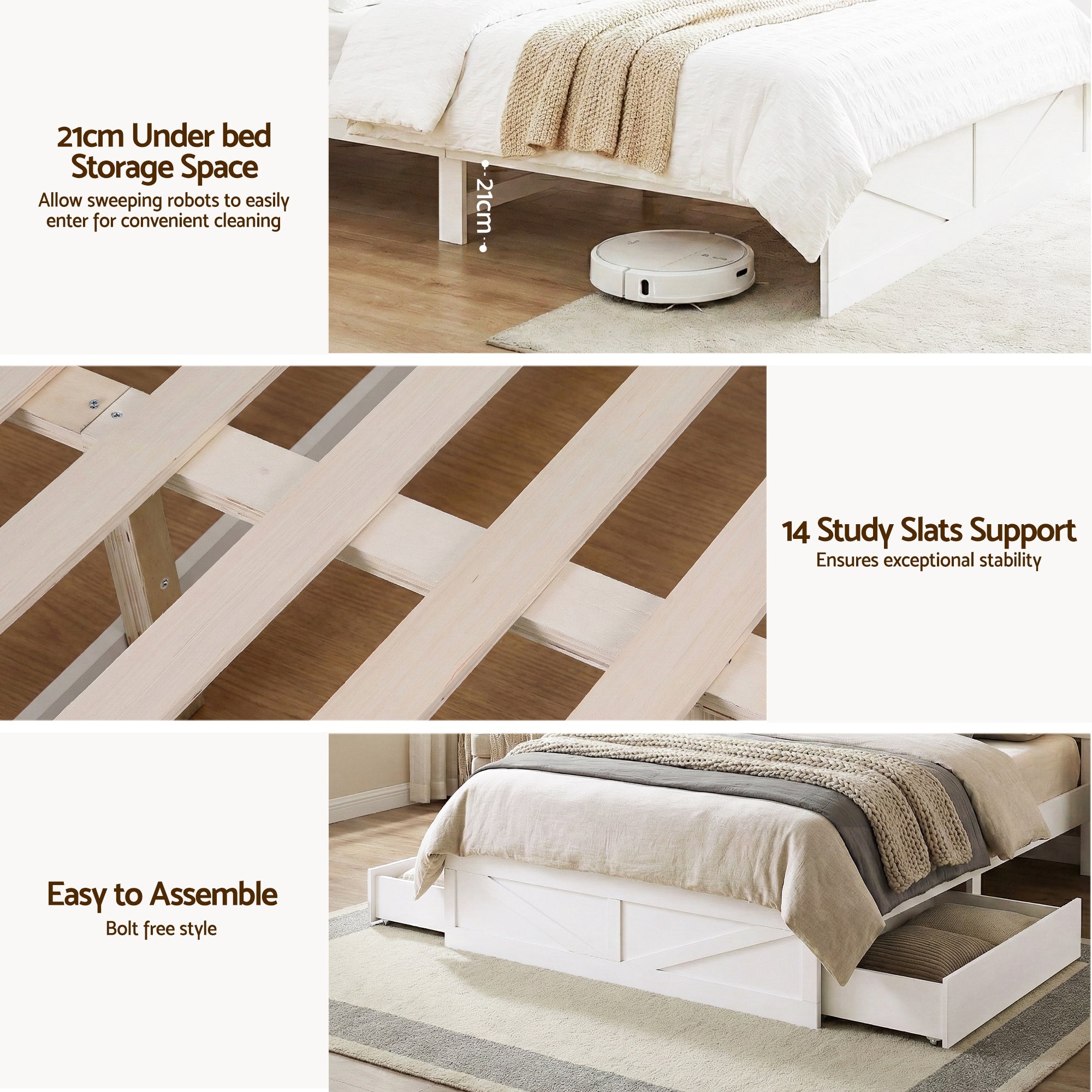 Double Bed Frame with Storage Drawers White Platform Bedframe with Bookcase Headboard Charging Station Led Light - Furniture > Bedroom > Beds & Bed Frames - Rivercity House & Home Co. (ABN 18 642 972 209) - Affordable Modern Furniture Australia