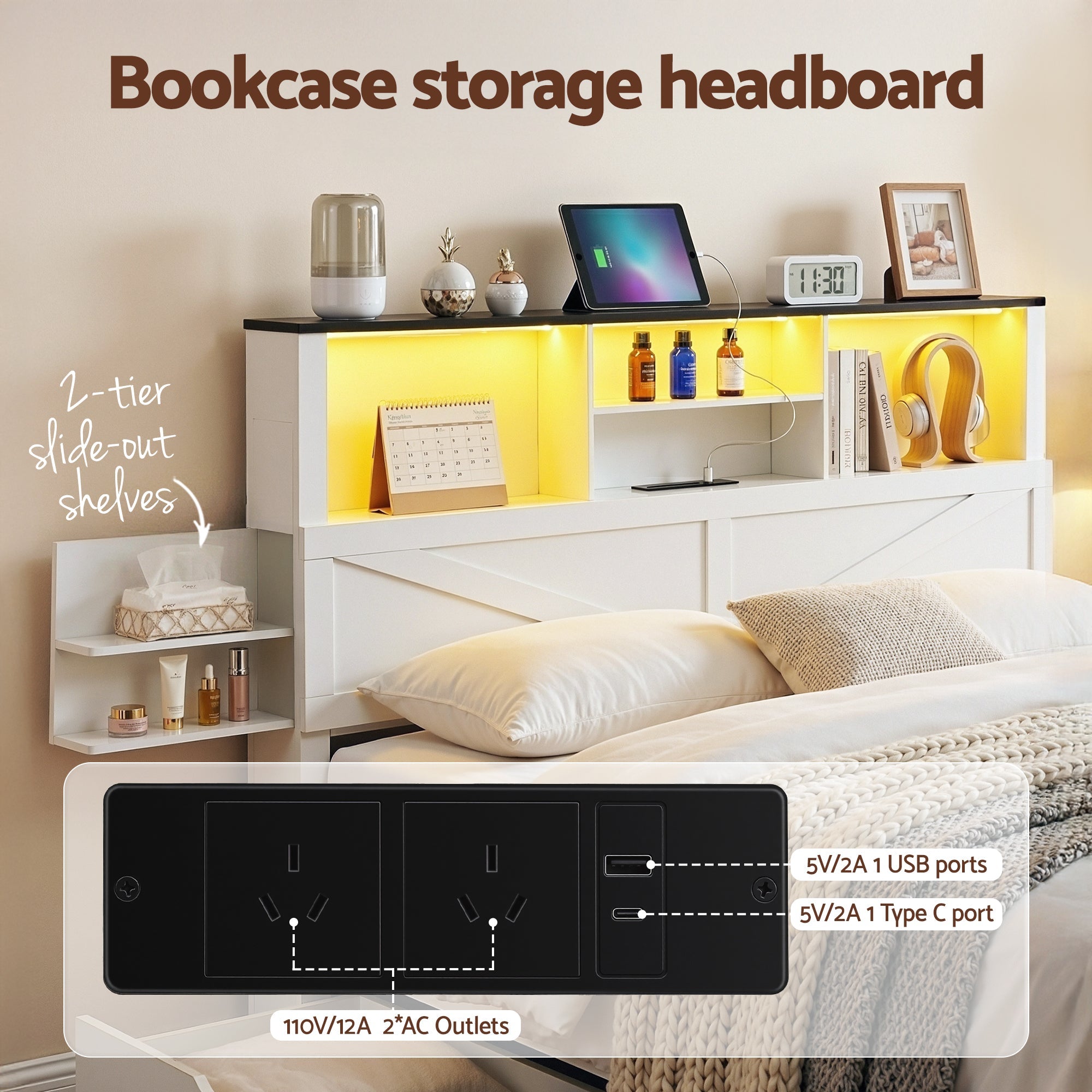 Double Bed Frame with Storage Drawers White Platform Bedframe with Bookcase Headboard Charging Station Led Light - Furniture > Bedroom > Beds & Bed Frames - Rivercity House & Home Co. (ABN 18 642 972 209) - Affordable Modern Furniture Australia