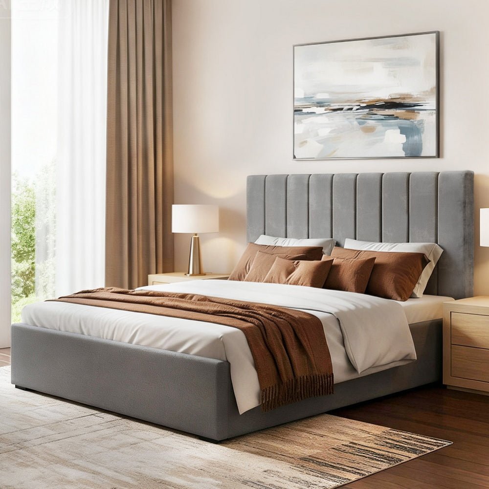 Double Bed Frame with Storage Grey Velvet Headboard Gas Lift Platform Base - Furniture > Bedroom > Beds & Bed Frames - Rivercity House & Home Co. (ABN 18 642 972 209) - Affordable Modern Furniture Australia