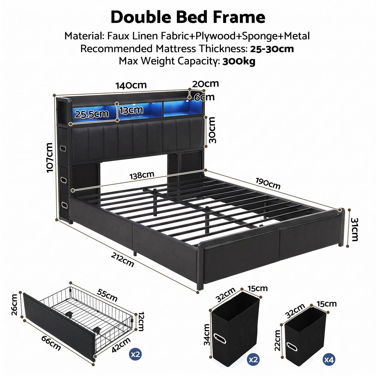 Double Bed Frame with Storage Headboard, 2 Drawers, Charging Station & LED Light - Black - Furniture > Bedroom > Beds & Bed Frames - Rivercity House & Home Co. (ABN 18 642 972 209) - Affordable Modern Furniture Australia