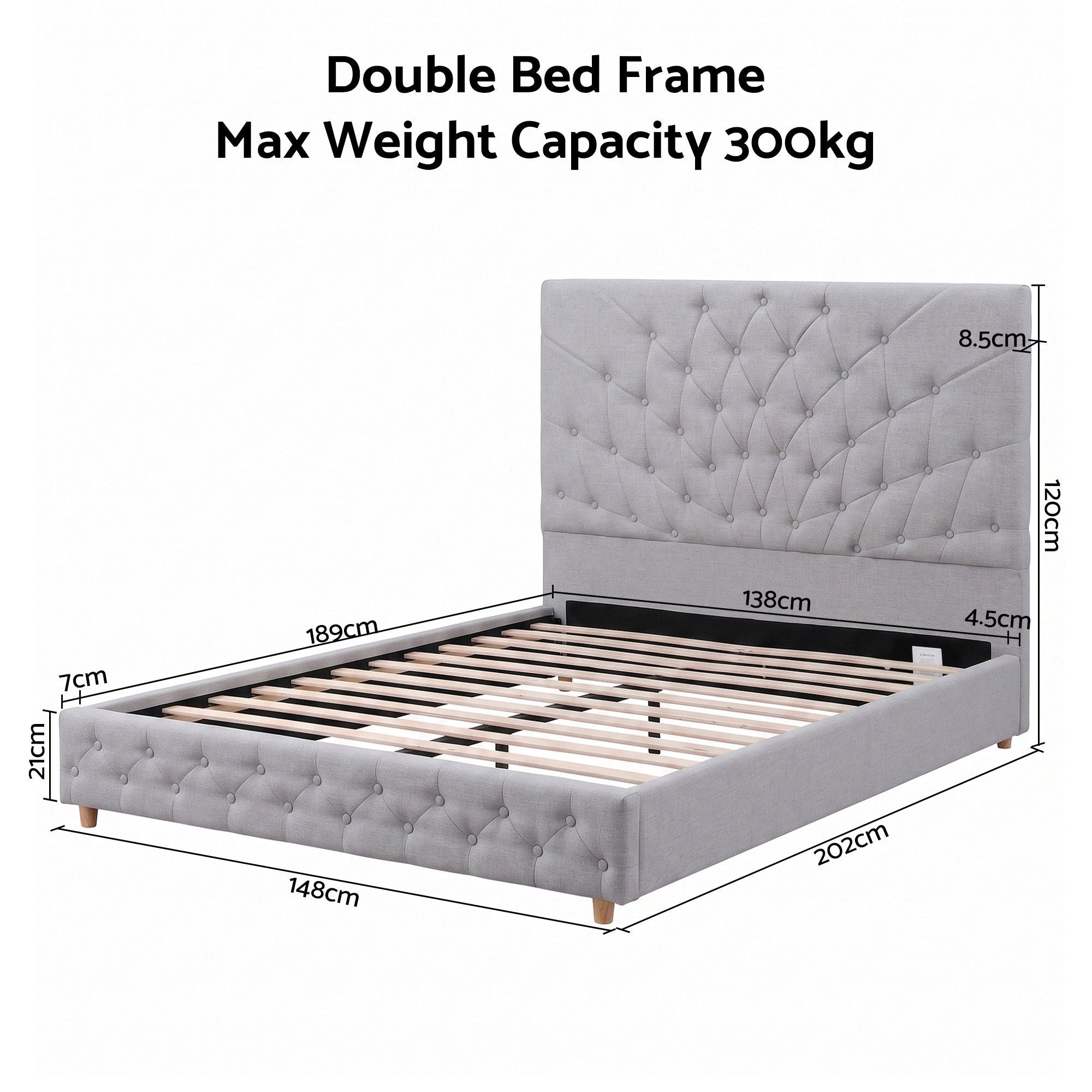 Double Bed Frame with Tufted Headboard and Plywood Slats - Grey - Furniture > Bedroom > Beds & Bed Frames - Rivercity House & Home Co. (ABN 18 642 972 209) - Affordable Modern Furniture Australia