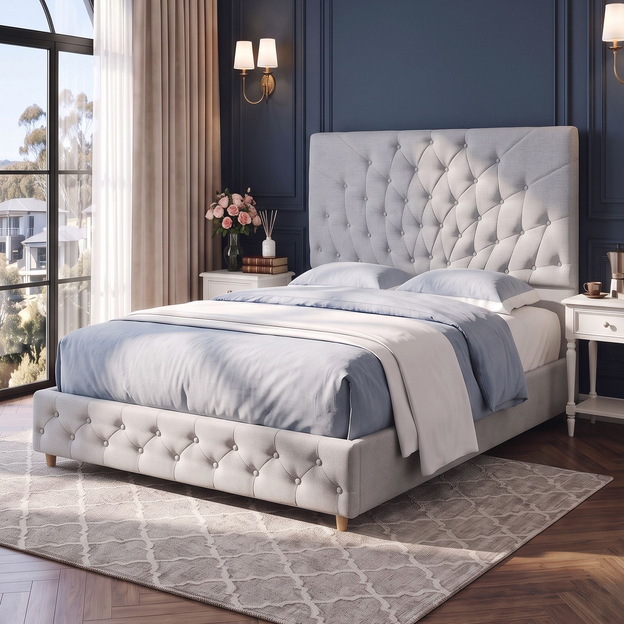 Double Bed Frame with Tufted Headboard and Plywood Slats - Grey - Furniture > Bedroom > Beds & Bed Frames - Rivercity House & Home Co. (ABN 18 642 972 209) - Affordable Modern Furniture Australia