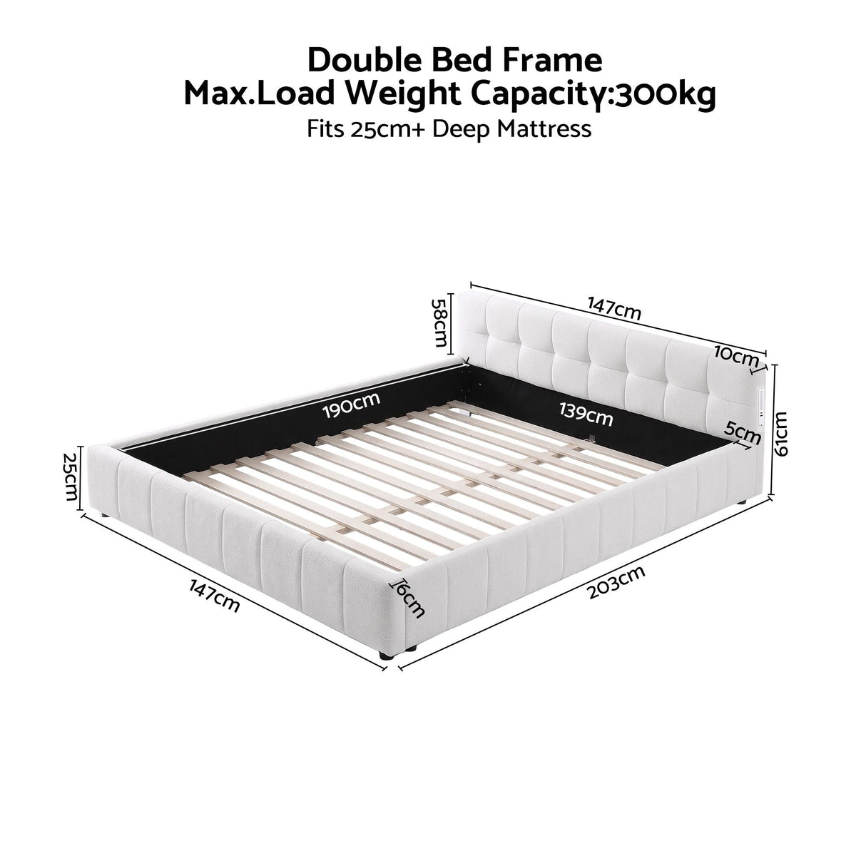 Double Bed Frame with Tufted Headboard, Charging Ports & LED Lights - Furniture > Bedroom > Beds & Bed Frames - Rivercity House & Home Co. (ABN 18 642 972 209) - Affordable Modern Furniture Australia
