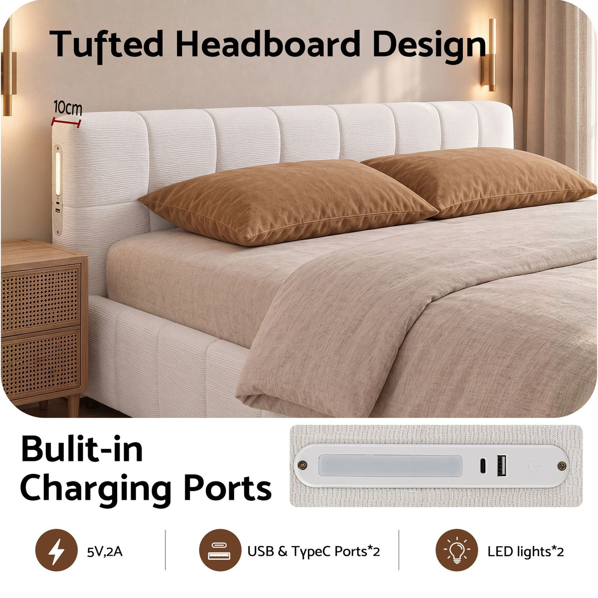 Double Bed Frame with Tufted Headboard, Charging Ports & LED Lights - Furniture > Bedroom > Beds & Bed Frames - Rivercity House & Home Co. (ABN 18 642 972 209) - Affordable Modern Furniture Australia