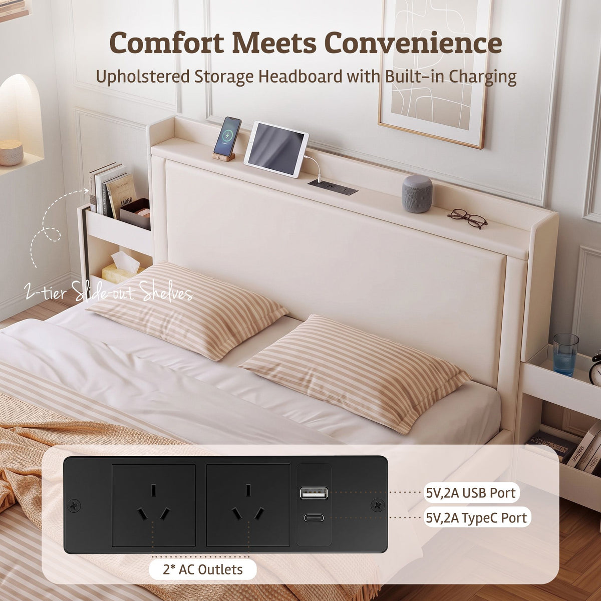 Double Bed Frame with USB Charging and Side Storage Shelves - Beige - Furniture > Bedroom > Beds & Bed Frames - Rivercity House & Home Co. (ABN 18 642 972 209) - Affordable Modern Furniture Australia