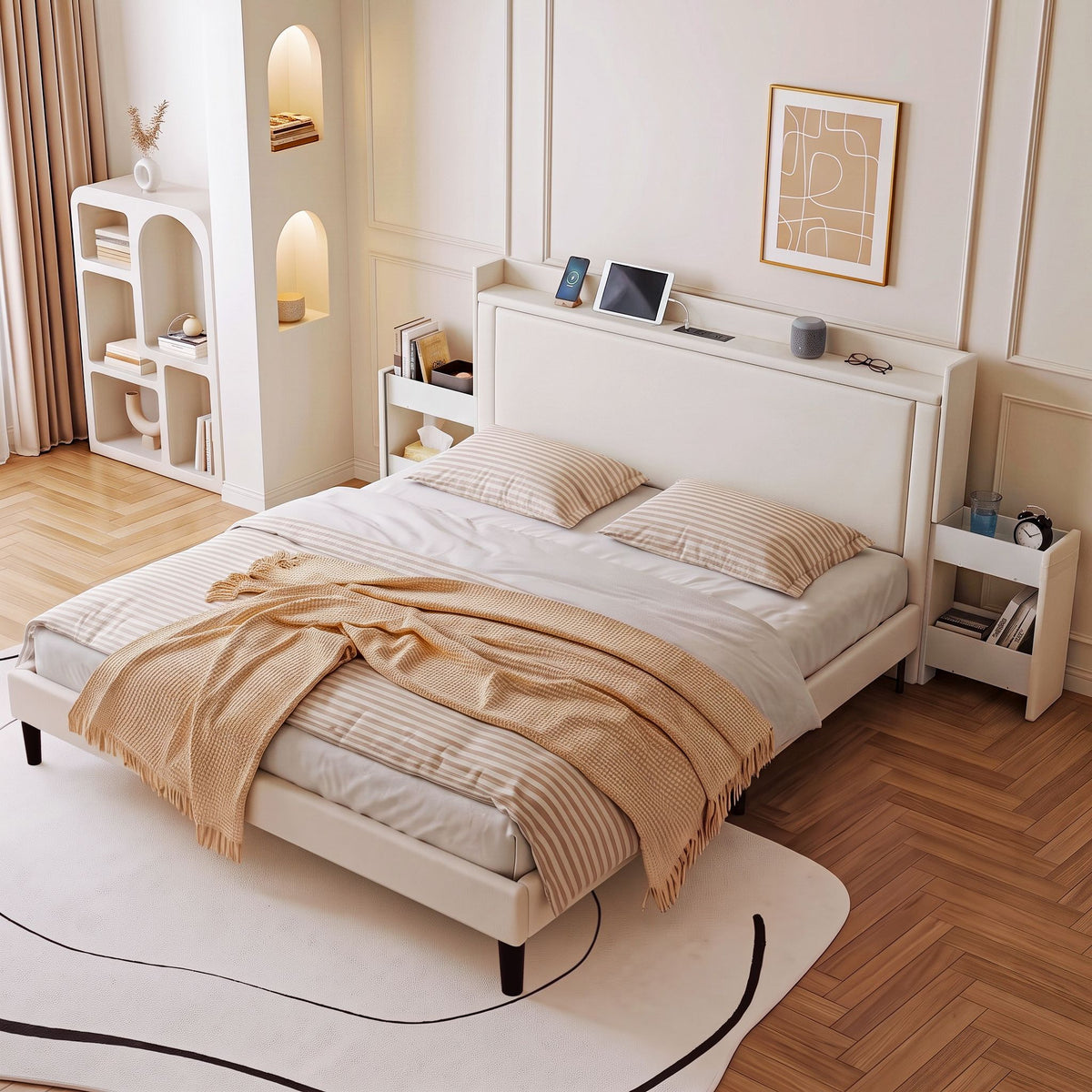 Double Bed Frame with USB Charging and Side Storage Shelves - Beige - Furniture > Bedroom > Beds & Bed Frames - Rivercity House & Home Co. (ABN 18 642 972 209) - Affordable Modern Furniture Australia