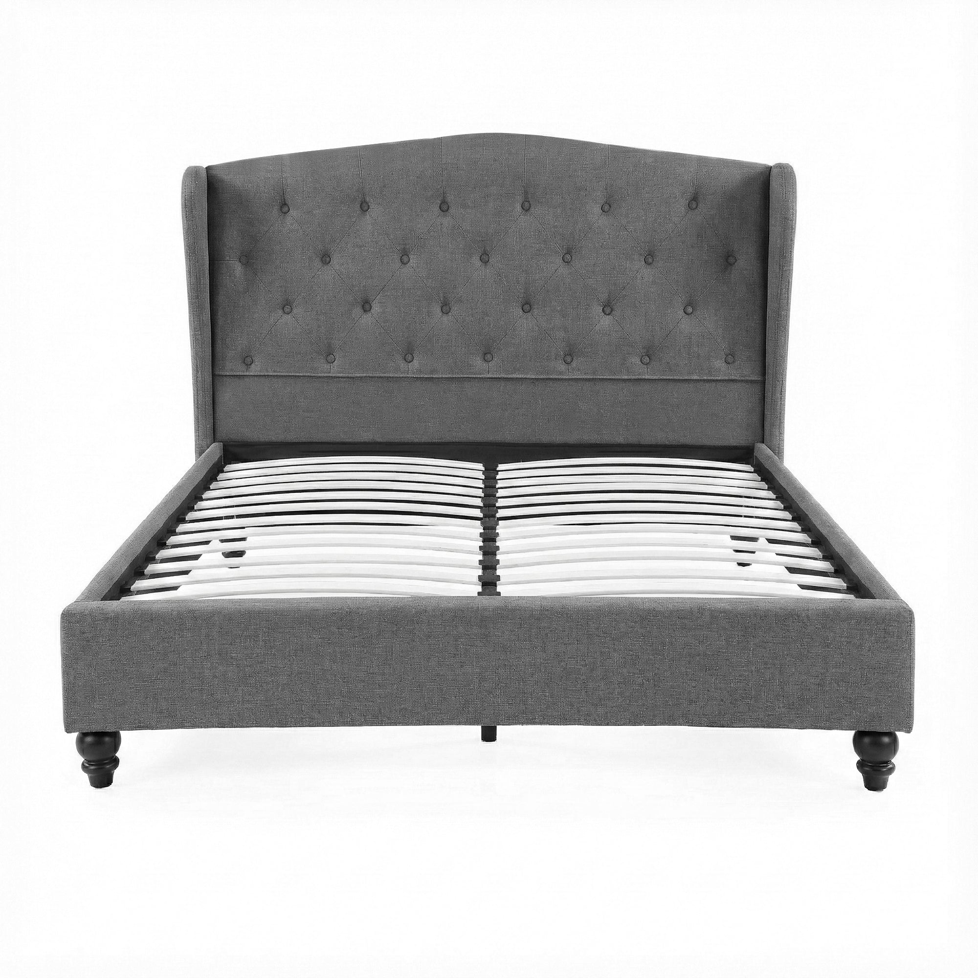 Double Bed Frame with Wingback Headboard Grey Linen Upholstered Platform Bed Base - Furniture > Bedroom > Beds & Bed Frames - Rivercity House & Home Co. (ABN 18 642 972 209) - Affordable Modern Furniture Australia