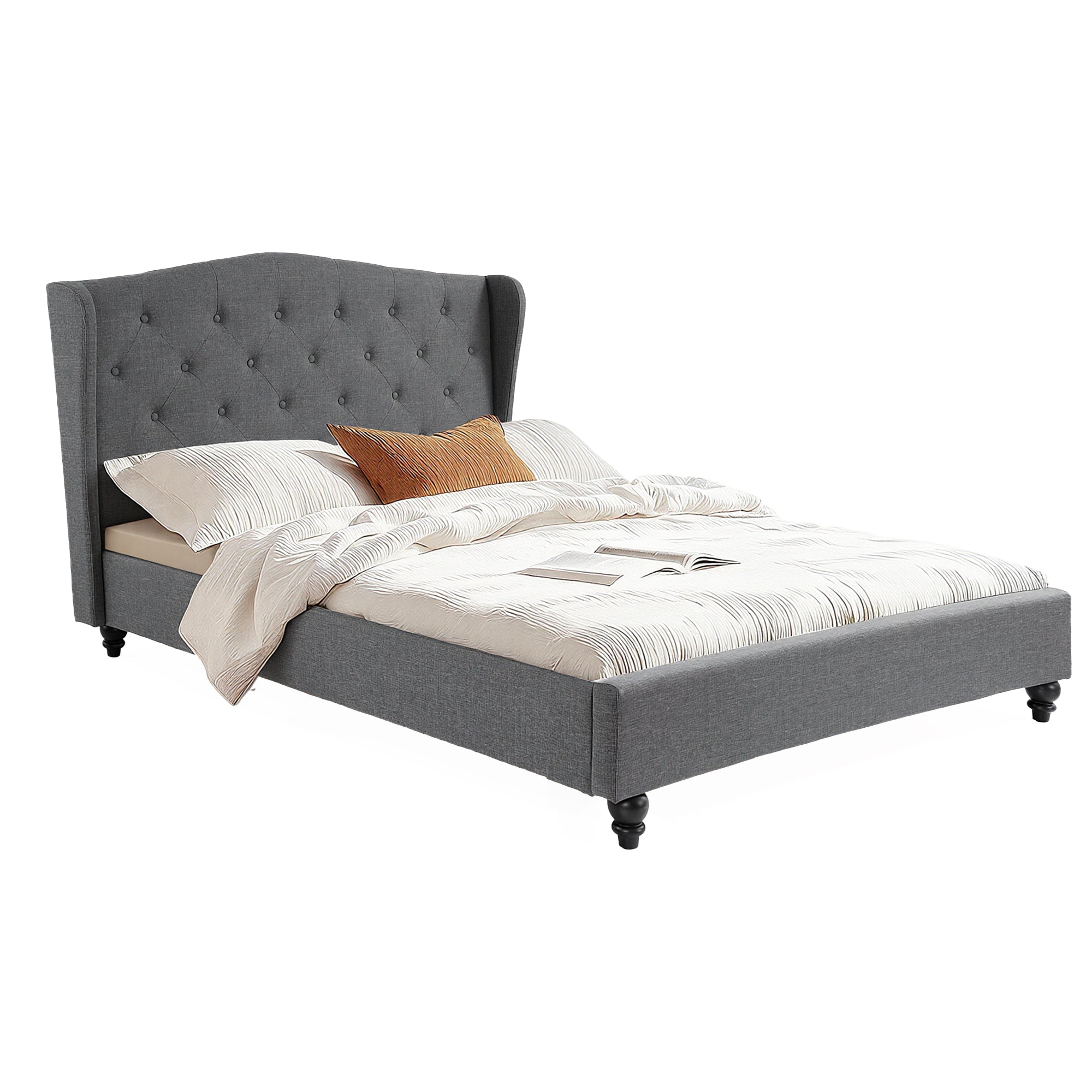 Double Bed Frame with Wingback Headboard Grey Linen Upholstered Platform Bed Base - Furniture > Bedroom > Beds & Bed Frames - Rivercity House & Home Co. (ABN 18 642 972 209) - Affordable Modern Furniture Australia