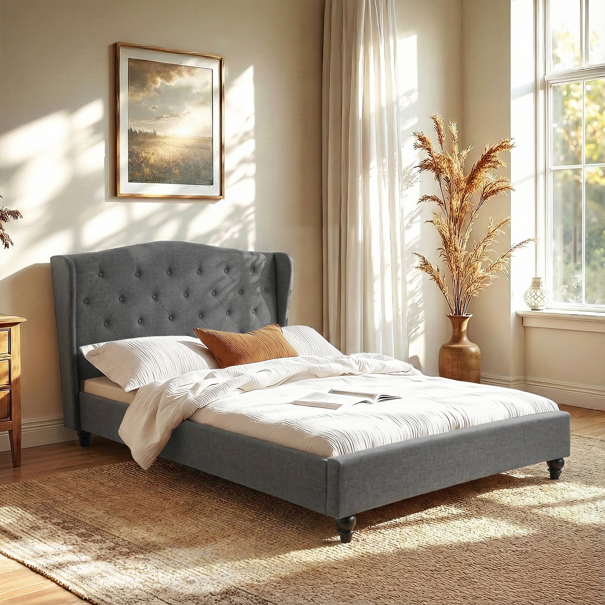Double Bed Frame with Wingback Headboard Grey Linen Upholstered Platform Bed Base - Furniture > Bedroom > Beds & Bed Frames - Rivercity House & Home Co. (ABN 18 642 972 209) - Affordable Modern Furniture Australia