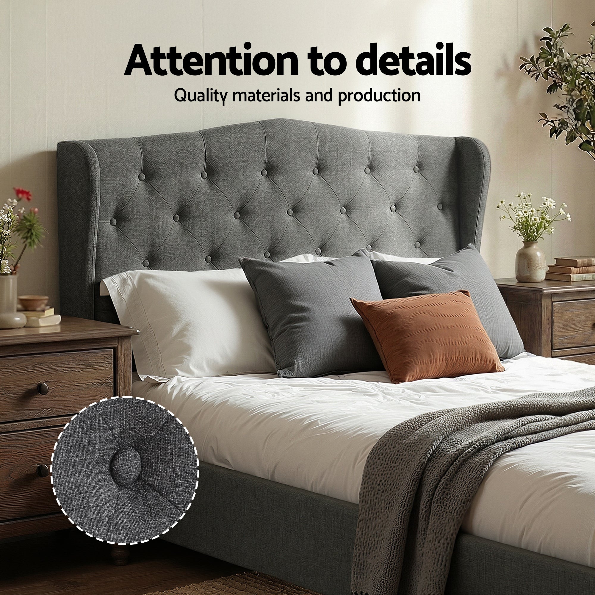 Double Bed Frame with Wingback Headboard Grey Linen Upholstered Platform Bed Base - Furniture > Bedroom > Beds & Bed Frames - Rivercity House & Home Co. (ABN 18 642 972 209) - Affordable Modern Furniture Australia