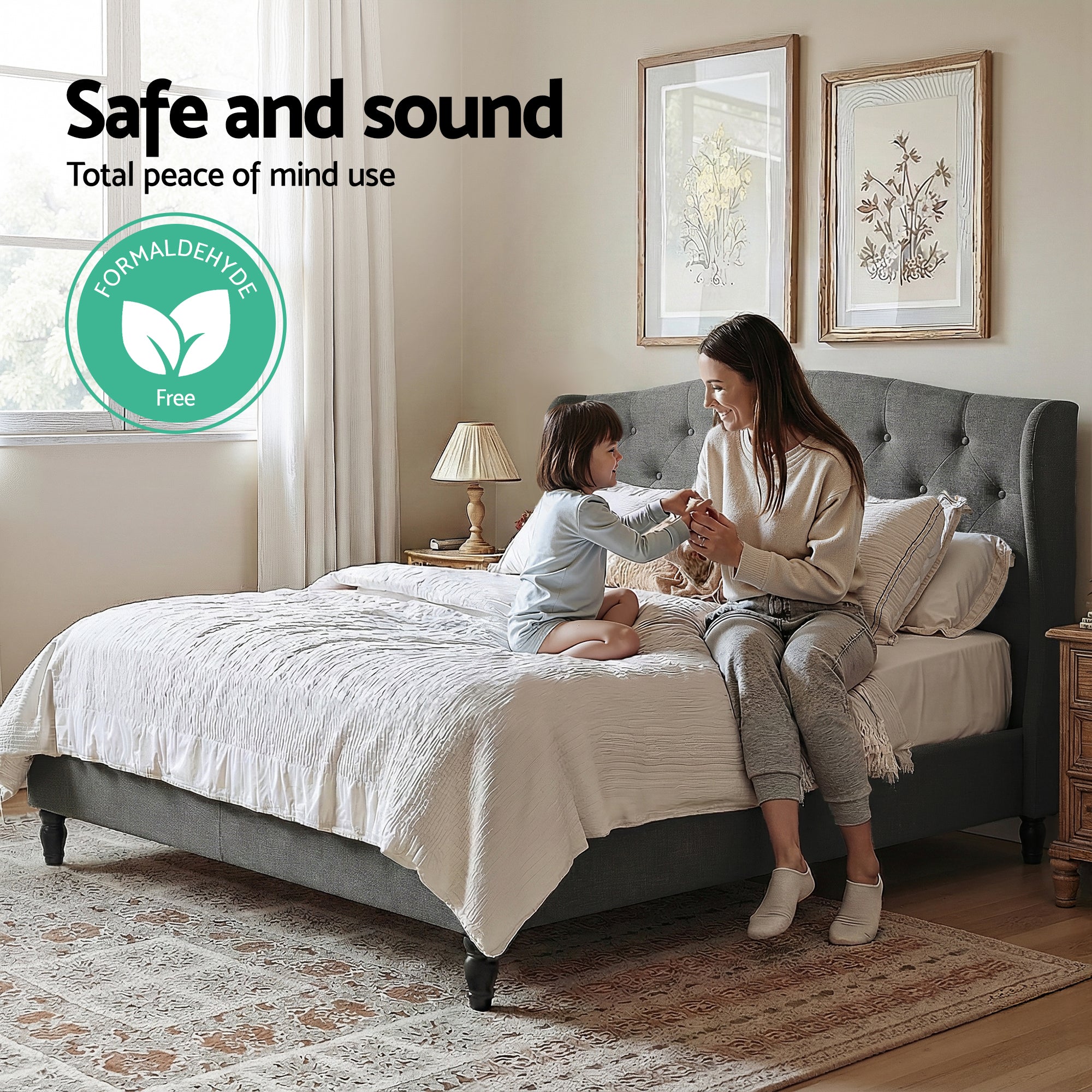 Double Bed Frame with Wingback Headboard Grey Linen Upholstered Platform Bed Base - Furniture > Bedroom > Beds & Bed Frames - Rivercity House & Home Co. (ABN 18 642 972 209) - Affordable Modern Furniture Australia