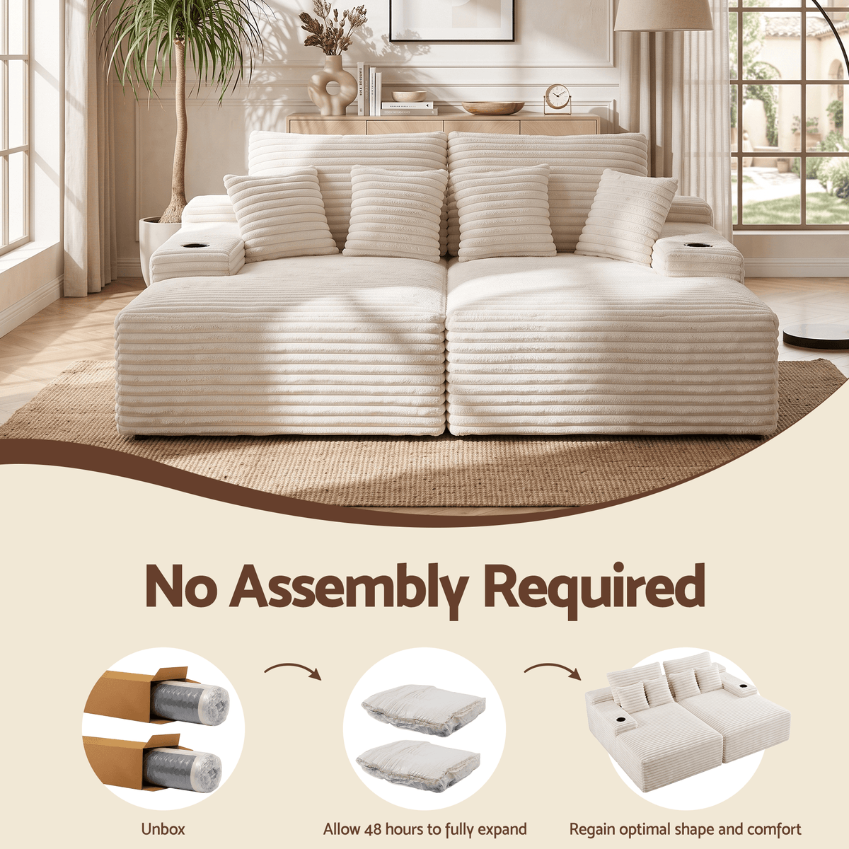Double Chaise Lounge Modular 2-Seater Sofa with Faux Fur Fabric and Cup Holders - Beige - Furniture > Sofas > Sofas & Sofa Beds - Rivercity House & Home Co. (ABN 18 642 972 209) - Affordable Modern Furniture Australia