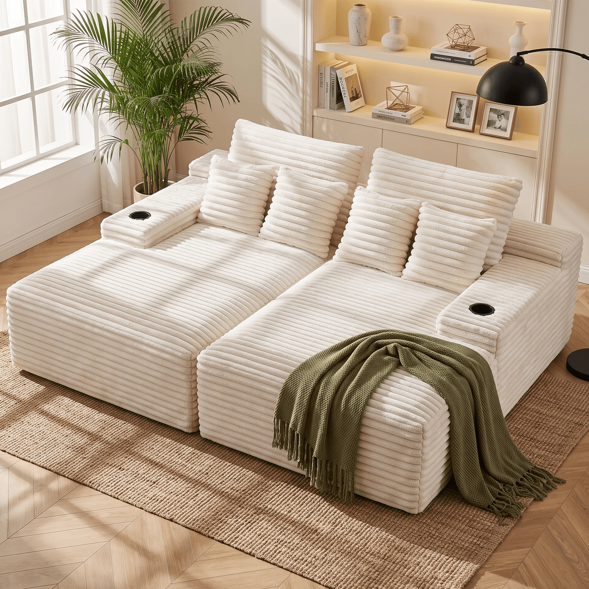 Double Chaise Lounge Modular 2-Seater Sofa with Faux Fur Fabric and Cup Holders - Beige - Furniture > Sofas > Sofas & Sofa Beds - Rivercity House & Home Co. (ABN 18 642 972 209) - Affordable Modern Furniture Australia