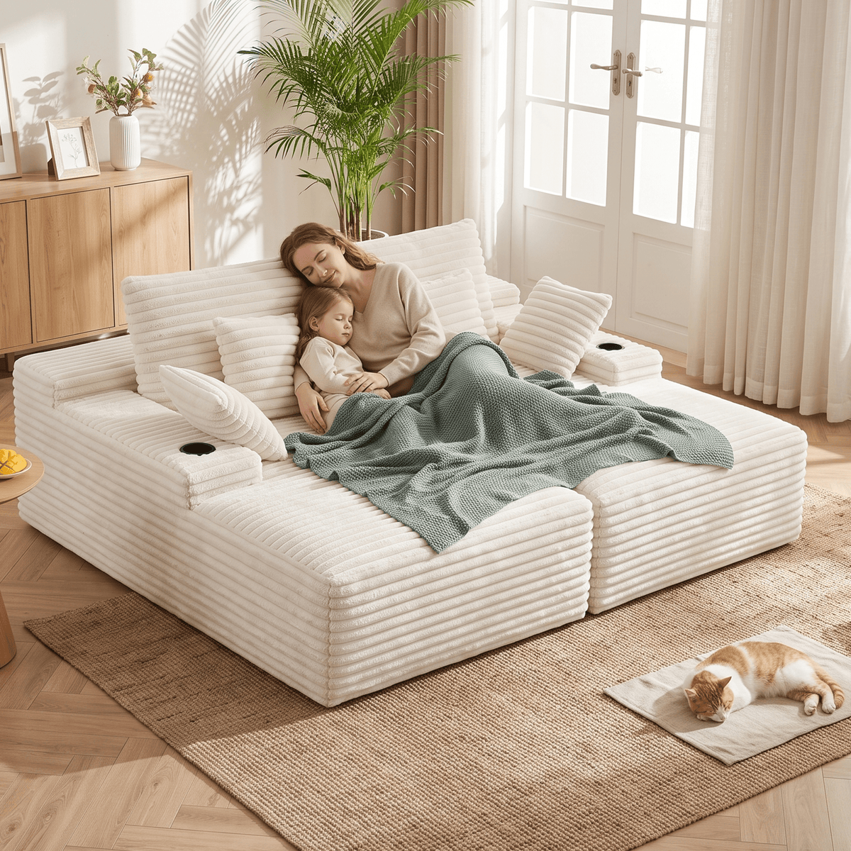 Double Chaise Lounge Modular 2-Seater Sofa with Faux Fur Fabric and Cup Holders - Beige - Furniture > Sofas > Sofas & Sofa Beds - Rivercity House & Home Co. (ABN 18 642 972 209) - Affordable Modern Furniture Australia