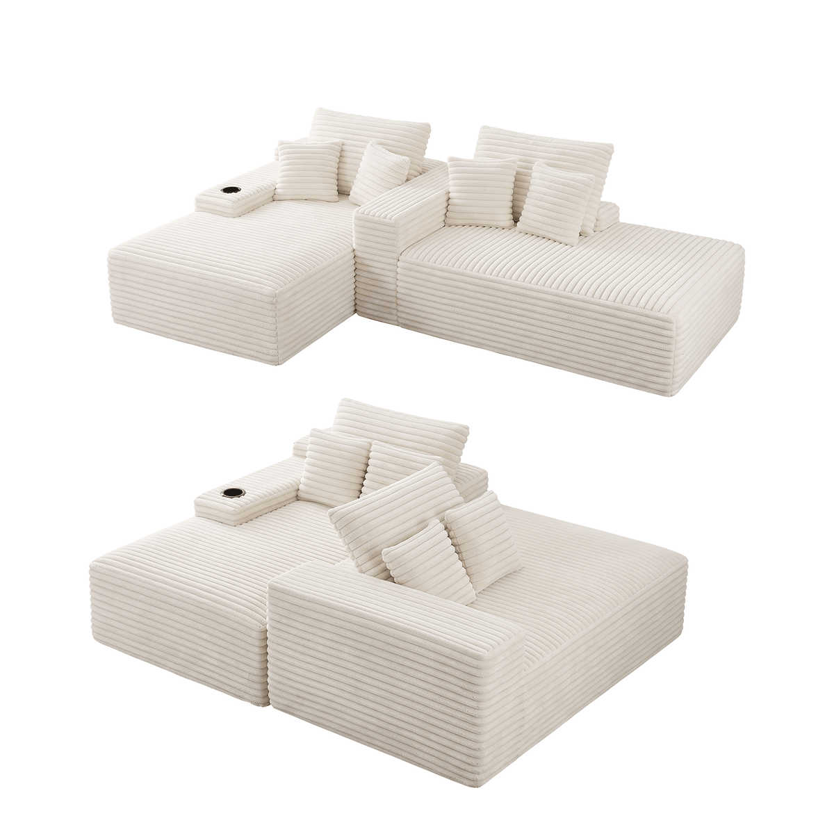 Double Chaise Lounge Modular 2-Seater Sofa with Faux Fur Fabric and Cup Holders - Beige - Furniture > Sofas > Sofas & Sofa Beds - Rivercity House & Home Co. (ABN 18 642 972 209) - Affordable Modern Furniture Australia