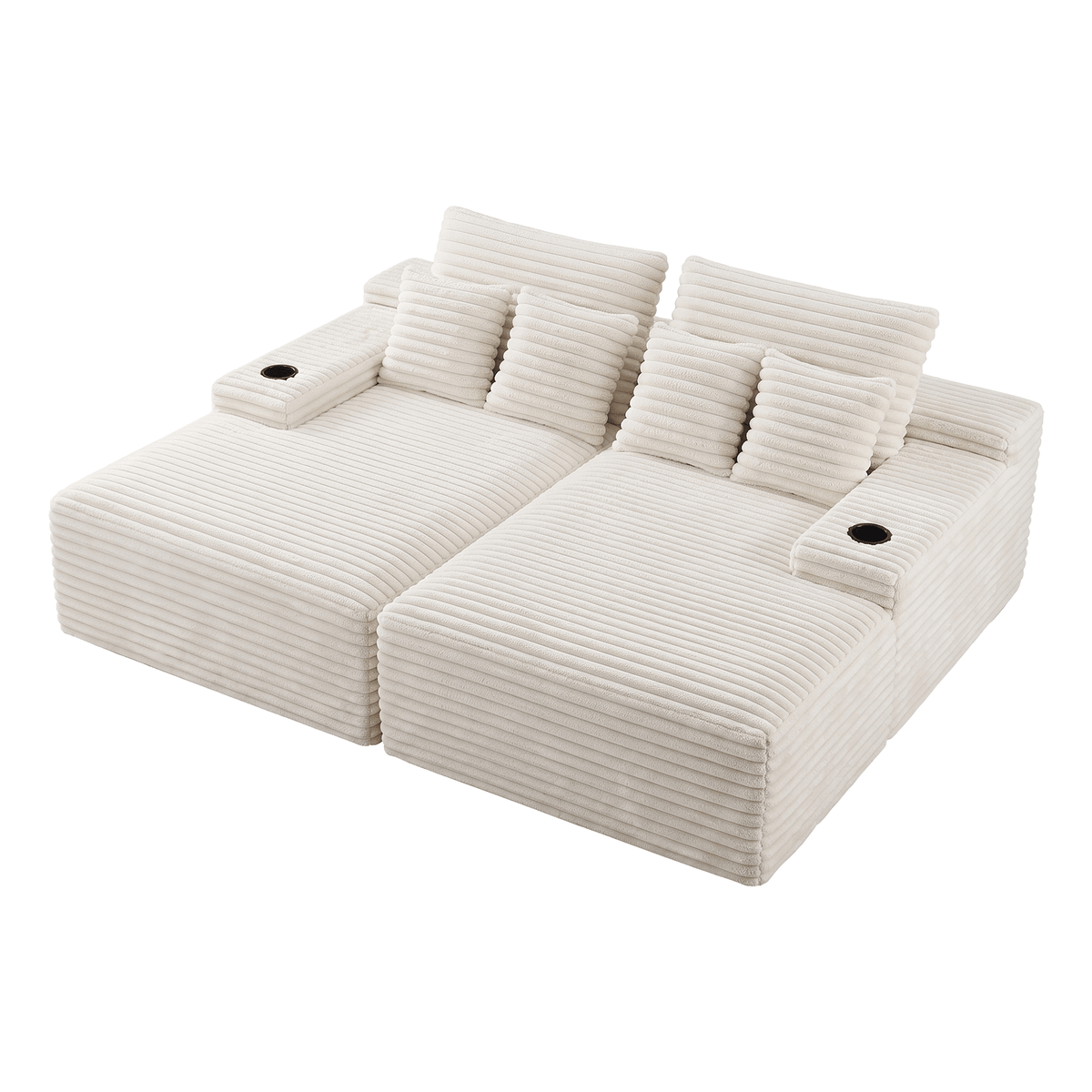 Double Chaise Lounge Modular 2-Seater Sofa with Faux Fur Fabric and Cup Holders - Beige - Furniture > Sofas > Sofas & Sofa Beds - Rivercity House & Home Co. (ABN 18 642 972 209) - Affordable Modern Furniture Australia