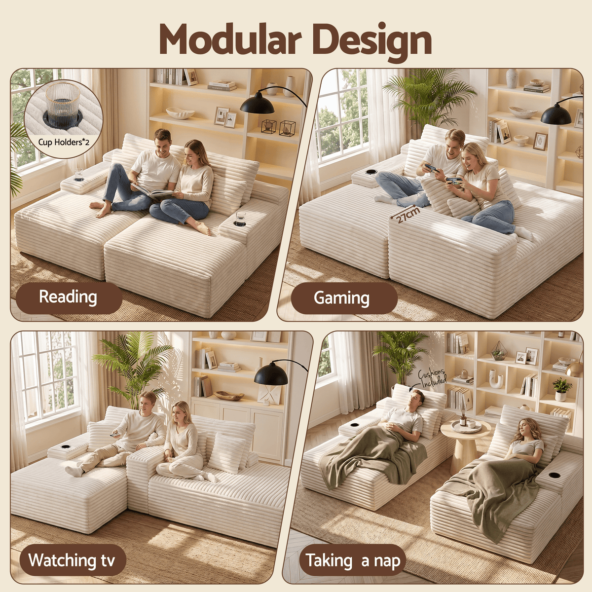 Double Chaise Lounge Modular 2-Seater Sofa with Faux Fur Fabric and Cup Holders - Beige - Furniture > Sofas > Sofas & Sofa Beds - Rivercity House & Home Co. (ABN 18 642 972 209) - Affordable Modern Furniture Australia