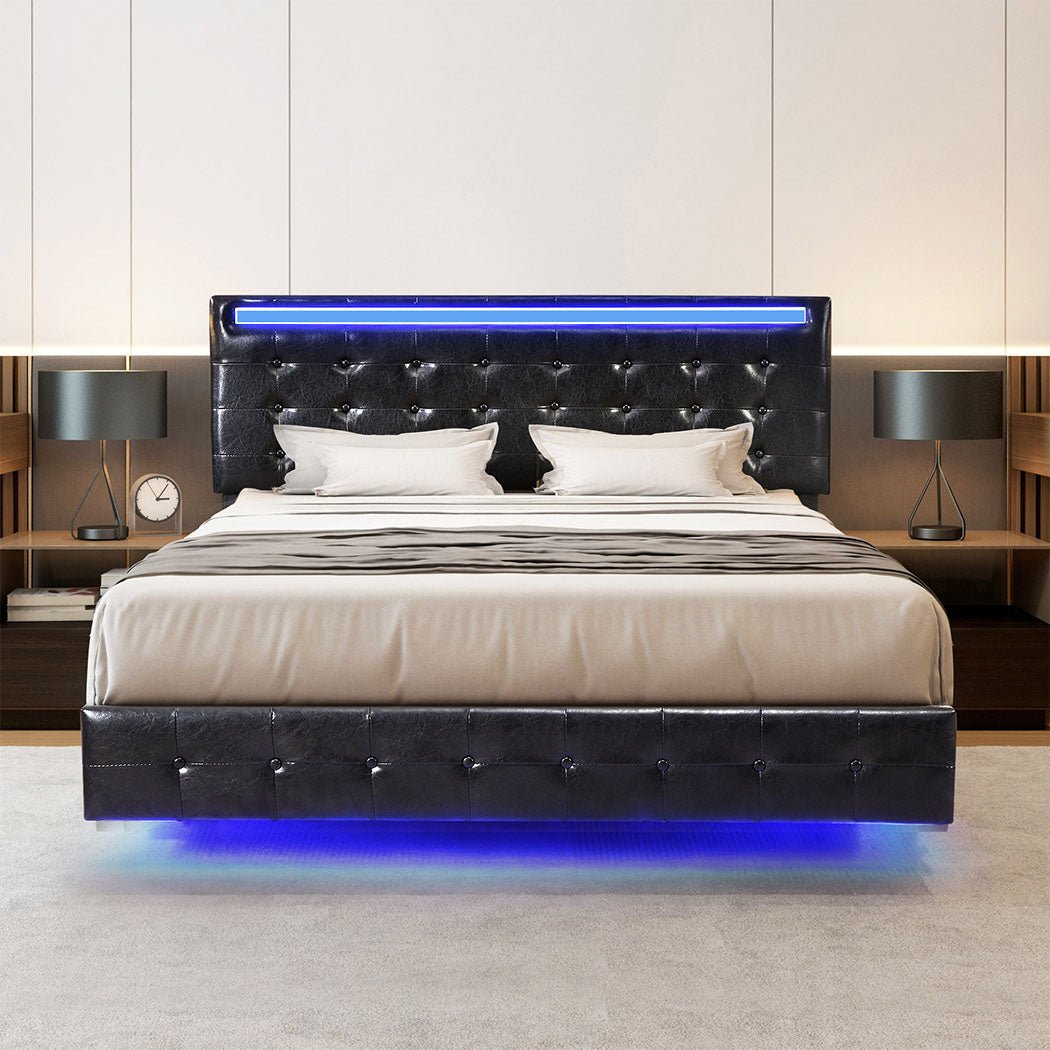 Double Floating Bed Frame with Headboard LED Lights Mattress Base - Black - Rivercity House & Home Co. (ABN 18 642 972 209) - Affordable Modern Furniture Australia